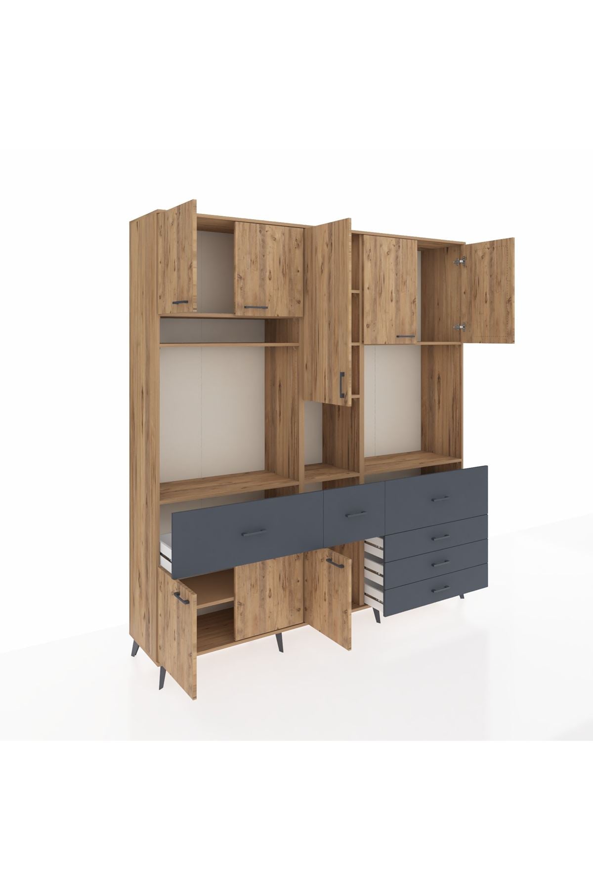 Hyperion Dolap 10 Raflı 6 Çekmeceli 8 Kapaklı 220x44x243 Çam-Çam/Antrasit