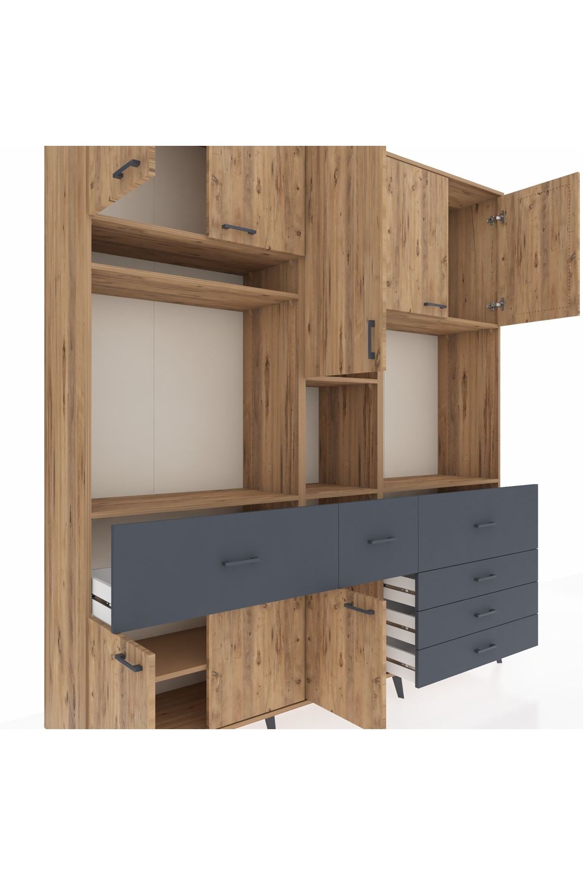 Hyperion Dolap 10 Raflı 6 Çekmeceli 8 Kapaklı 220x44x243 Çam-Çam/Antrasit