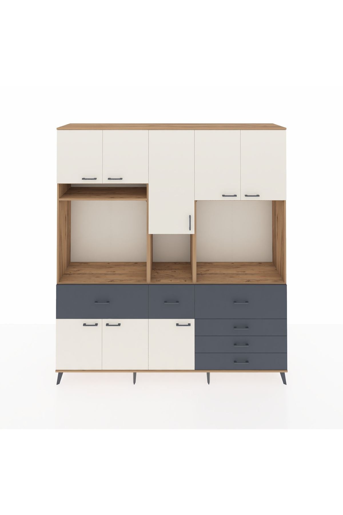 Hyperion Dolap 10 Raflı 6 Çekmeceli 8 Kapaklı 220x44x243 Çam-Aytaşı/Antrasit