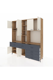 Hyperion Dolap 10 Raflı 6 Çekmeceli 8 Kapaklı 220x44x243 Çam-Aytaşı/Antrasit