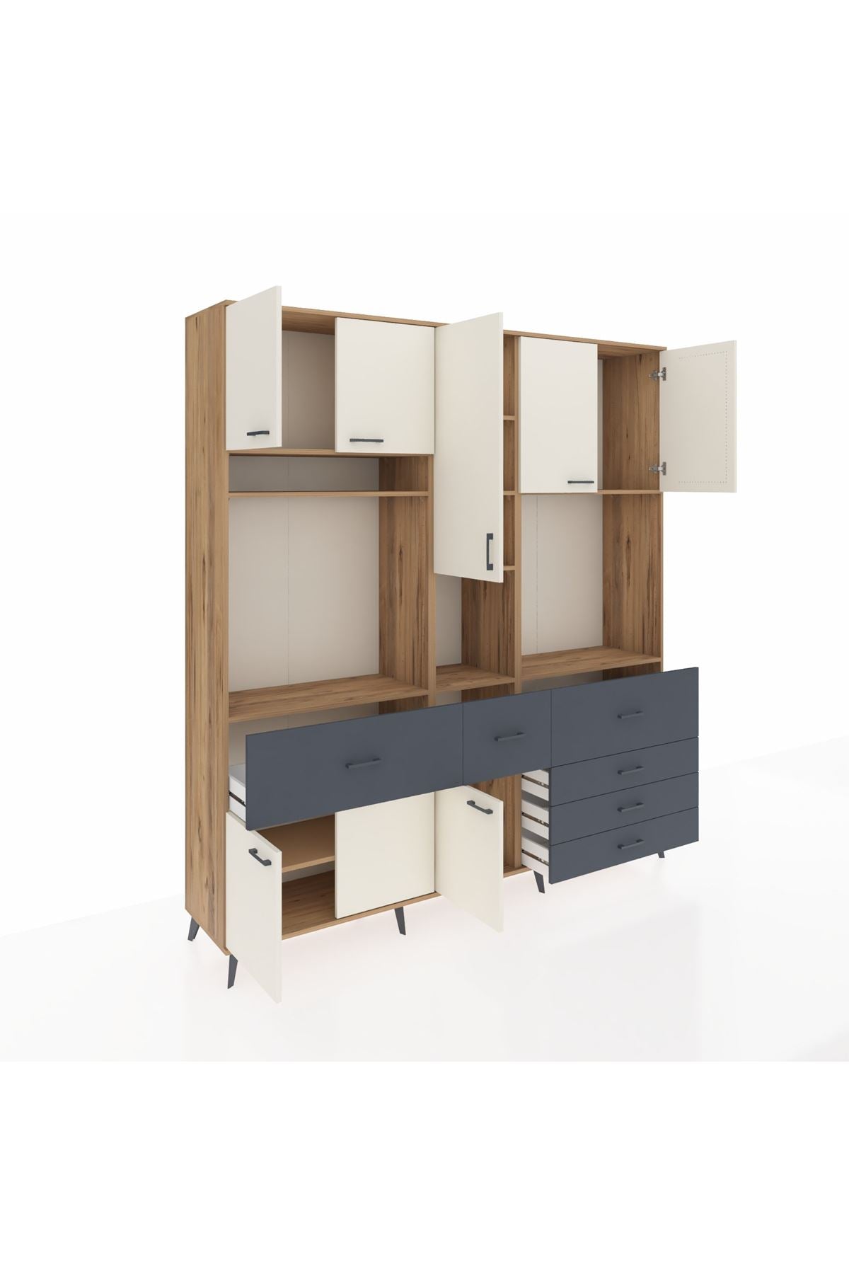 Hyperion Dolap 10 Raflı 6 Çekmeceli 8 Kapaklı 220x44x243 Çam-Aytaşı/Antrasit