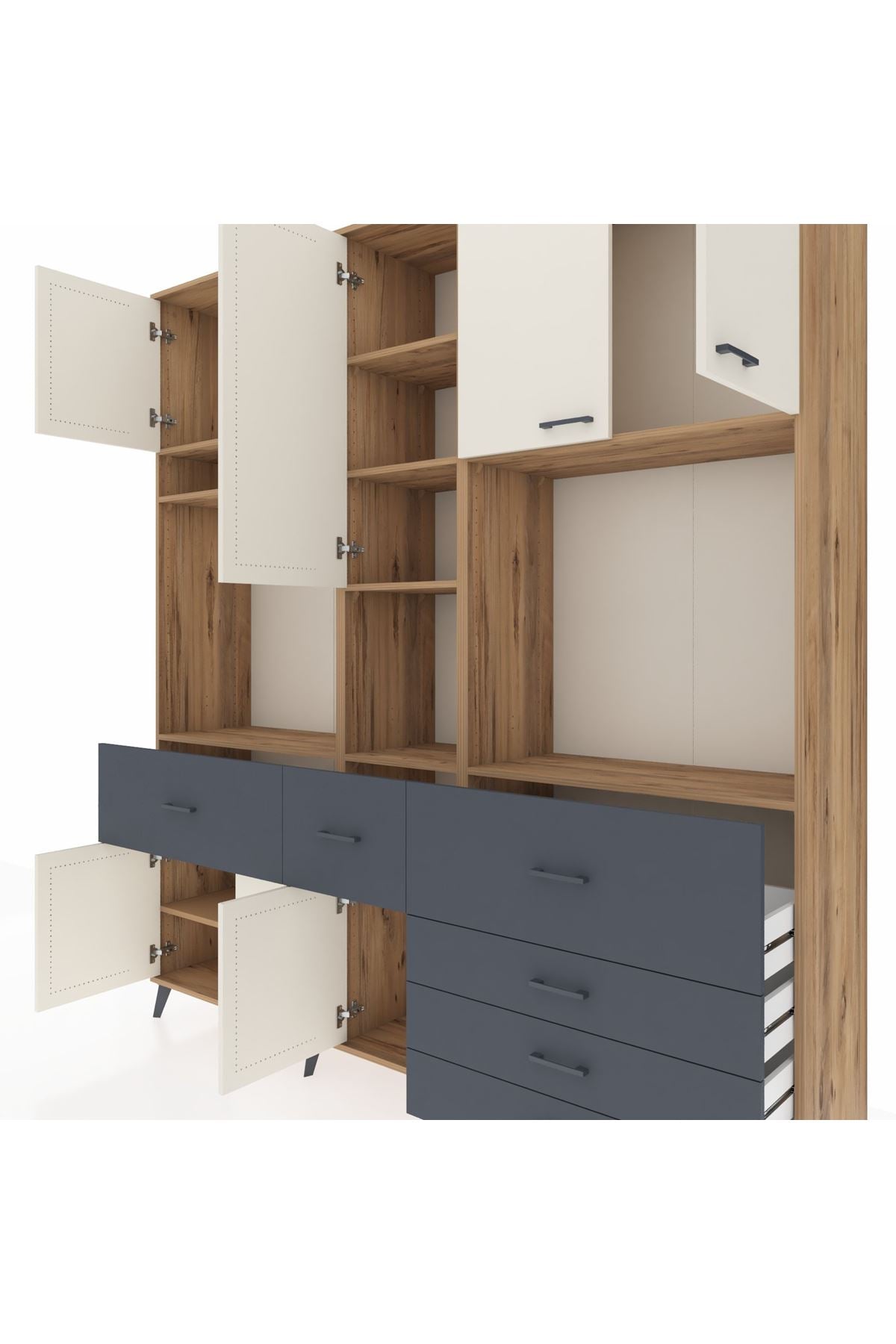 Hyperion Dolap 10 Raflı 6 Çekmeceli 8 Kapaklı 220x44x243 Çam-Aytaşı/Antrasit