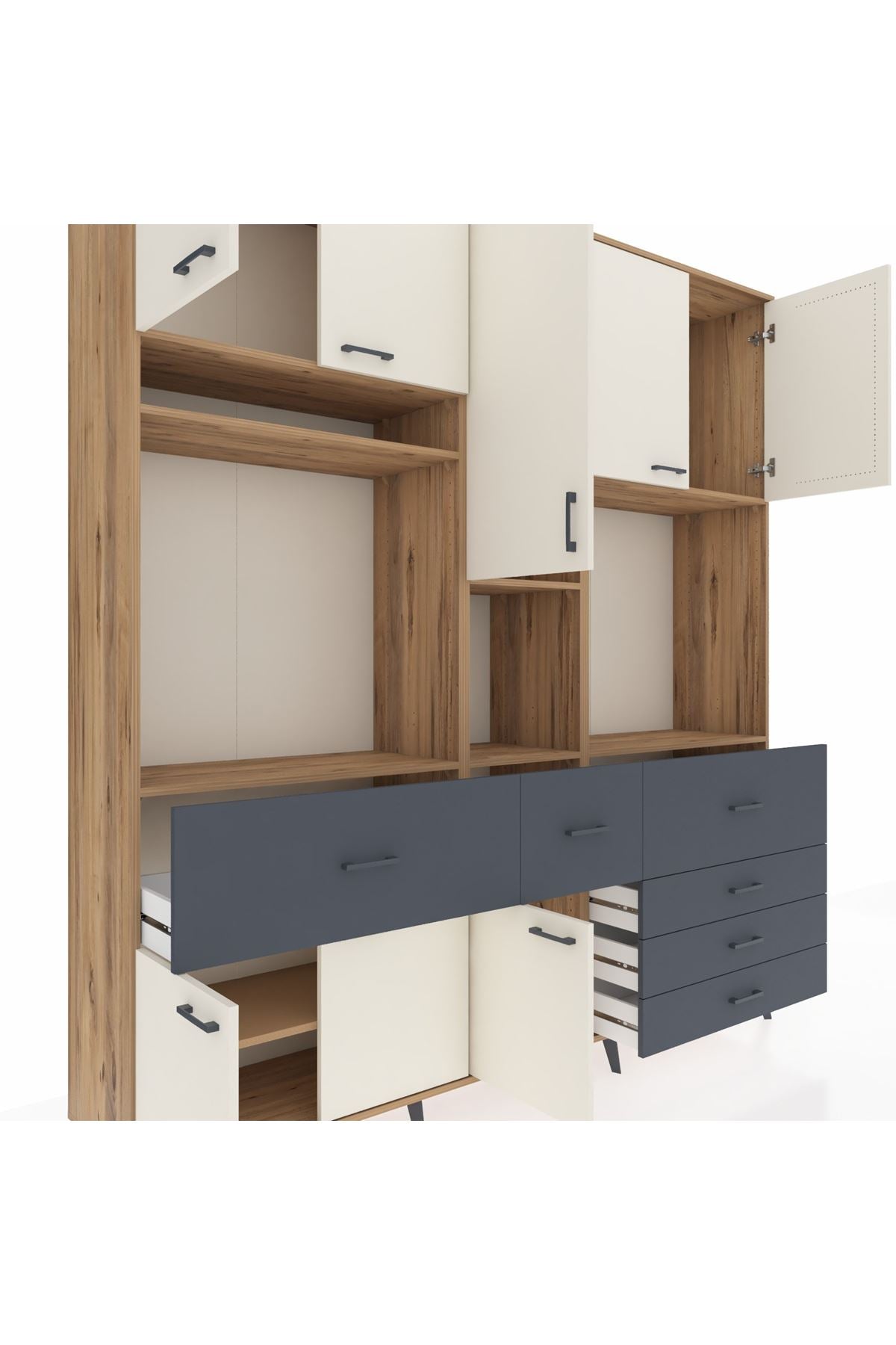 Hyperion Dolap 10 Raflı 6 Çekmeceli 8 Kapaklı 220x44x243 Çam-Aytaşı/Antrasit