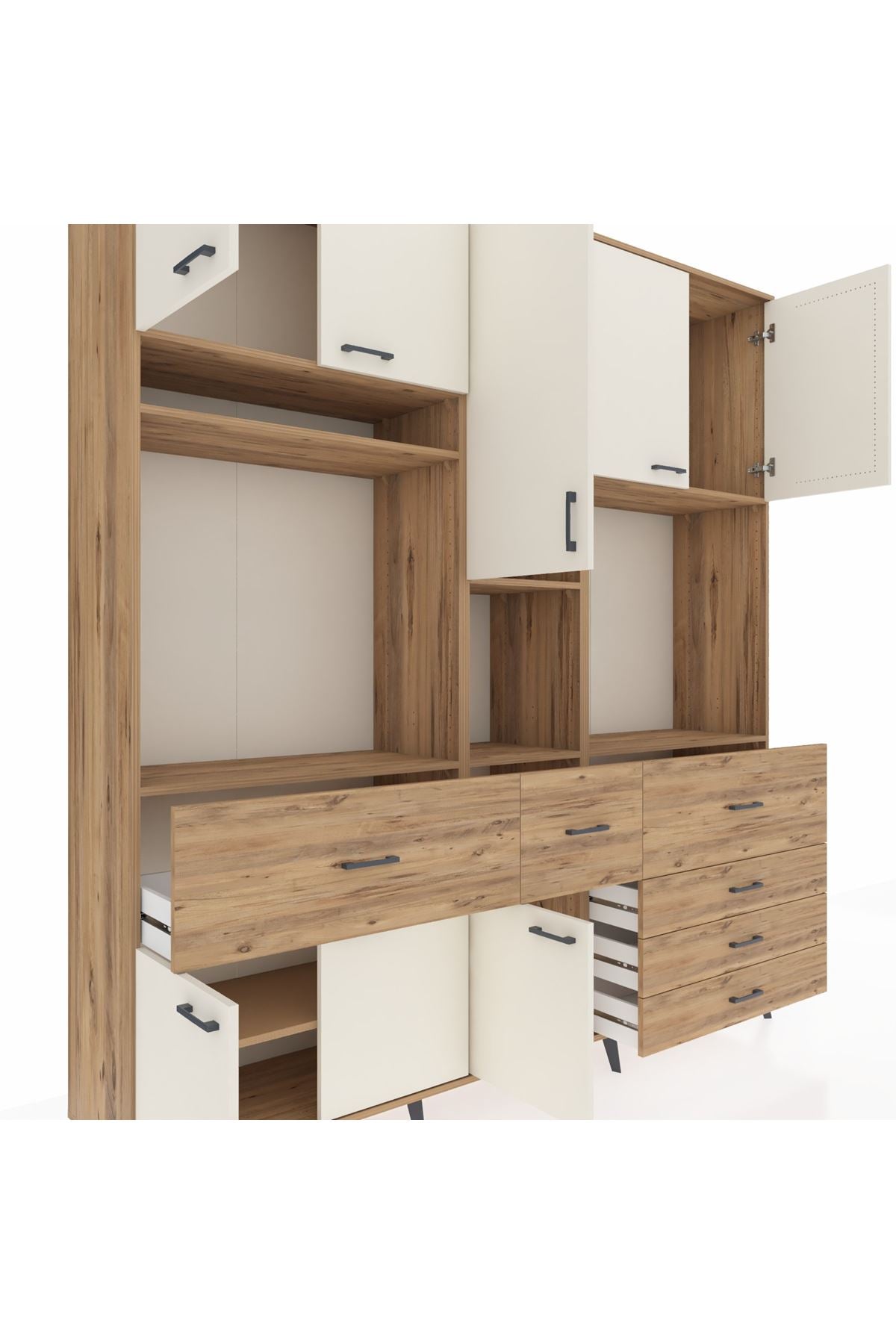 Hyperion Dolap 10 Raflı 6 Çekmeceli 8 Kapaklı 220x44x243 Çam-Aytaşı/Çam