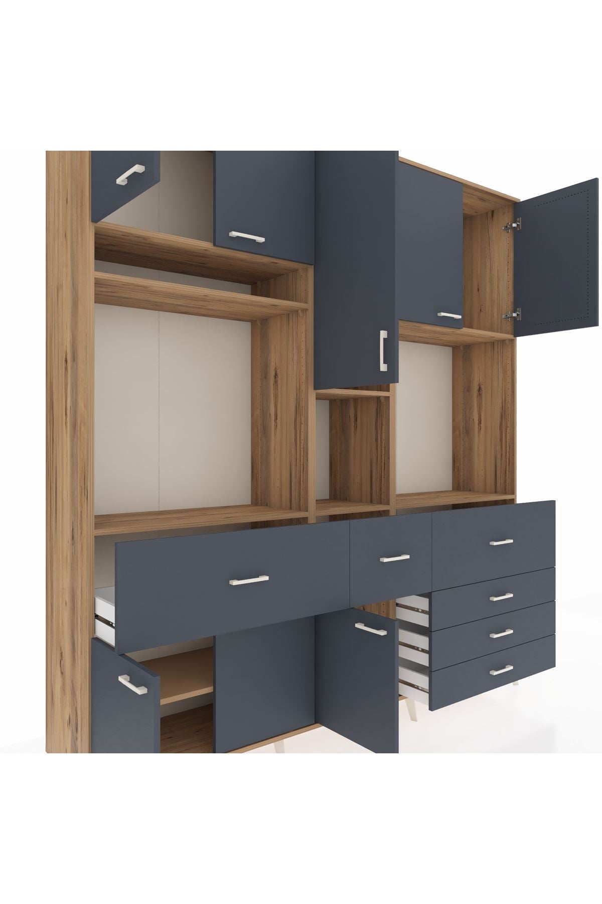 Hyperion Dolap 10 Raflı 6 Çekmeceli 8 Kapaklı 220x44x243 Çam-Antrasit/Antrasit