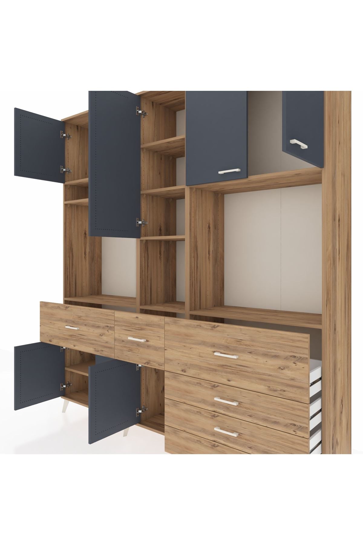 Hyperion Dolap 10 Raflı 6 Çekmeceli 8 Kapaklı 220x44x243 Çam-Antrasit/Çam