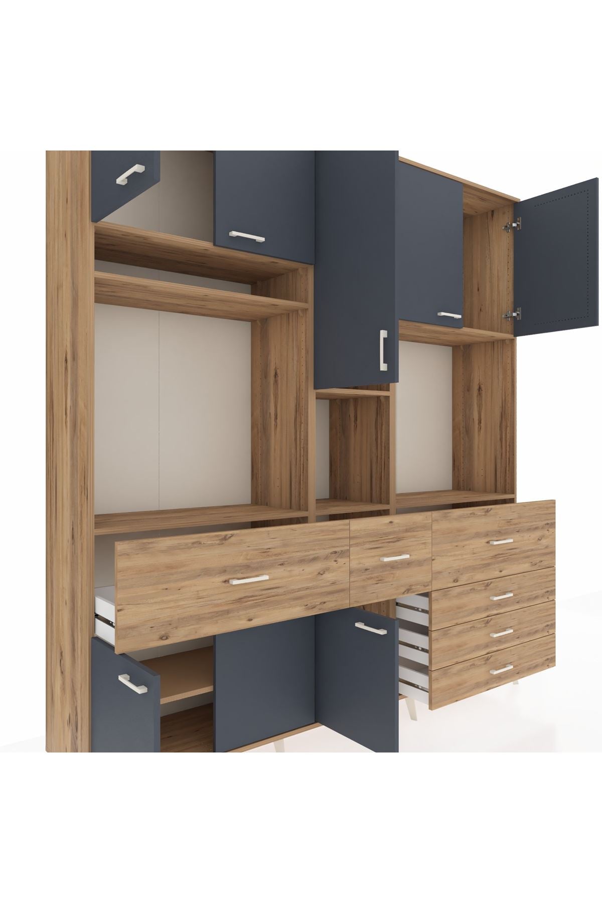 Hyperion Dolap 10 Raflı 6 Çekmeceli 8 Kapaklı 220x44x243 Çam-Antrasit/Çam