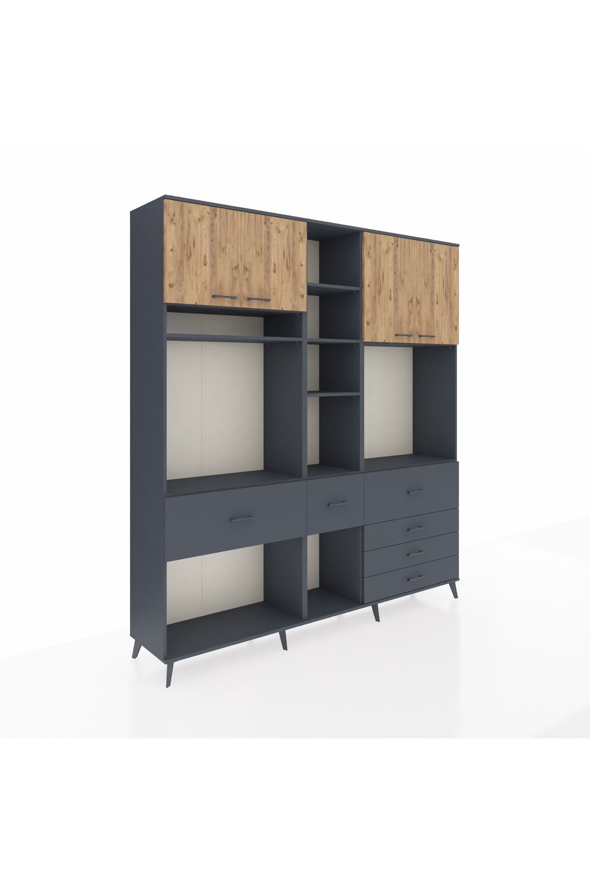 Hyperion Dolap 11 Raflı 6 Çekmeceli 4 Kapaklı 220x44x243 Antrasit-Çam/Antrasit