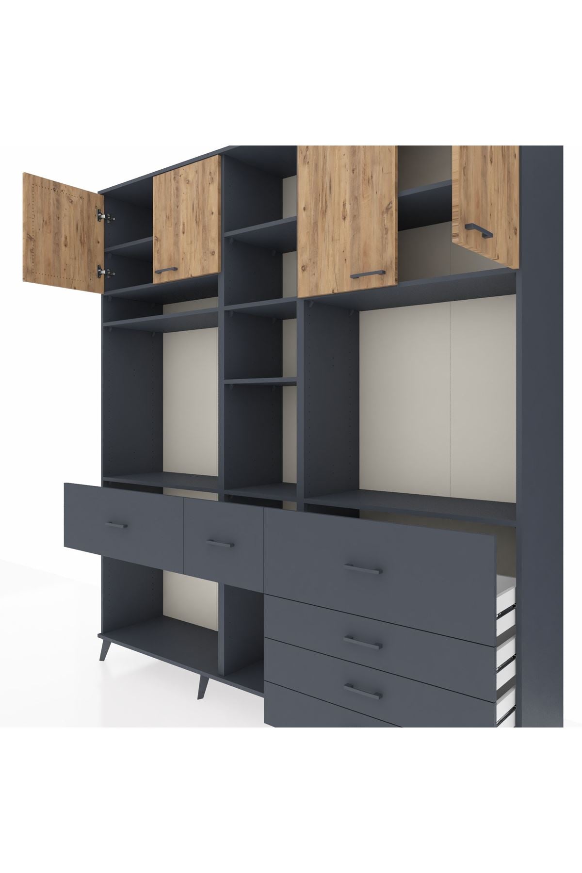 Hyperion Dolap 11 Raflı 6 Çekmeceli 4 Kapaklı 220x44x243 Antrasit-Çam/Antrasit