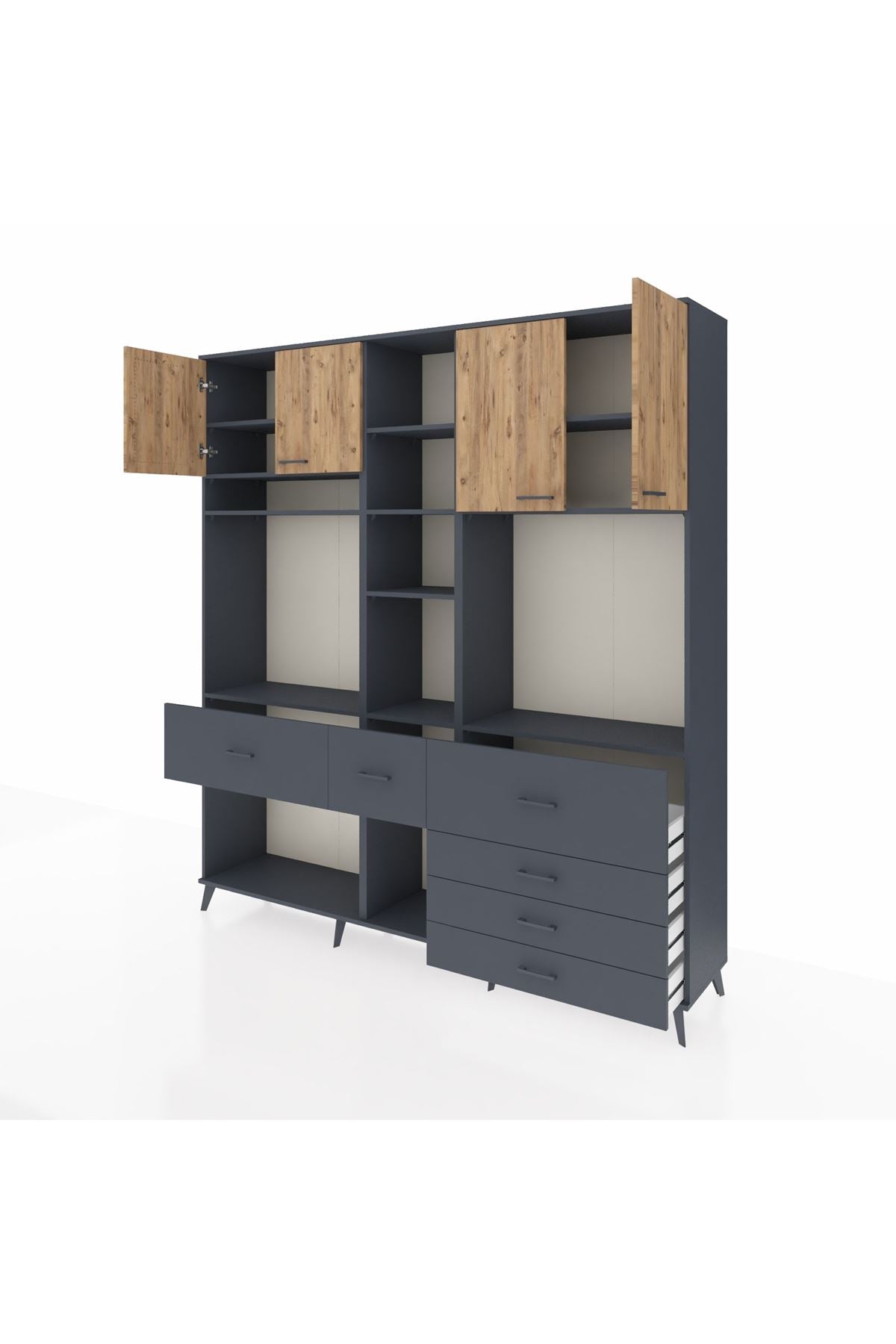 Hyperion Dolap 11 Raflı 6 Çekmeceli 4 Kapaklı 220x44x243 Antrasit-Çam/Antrasit