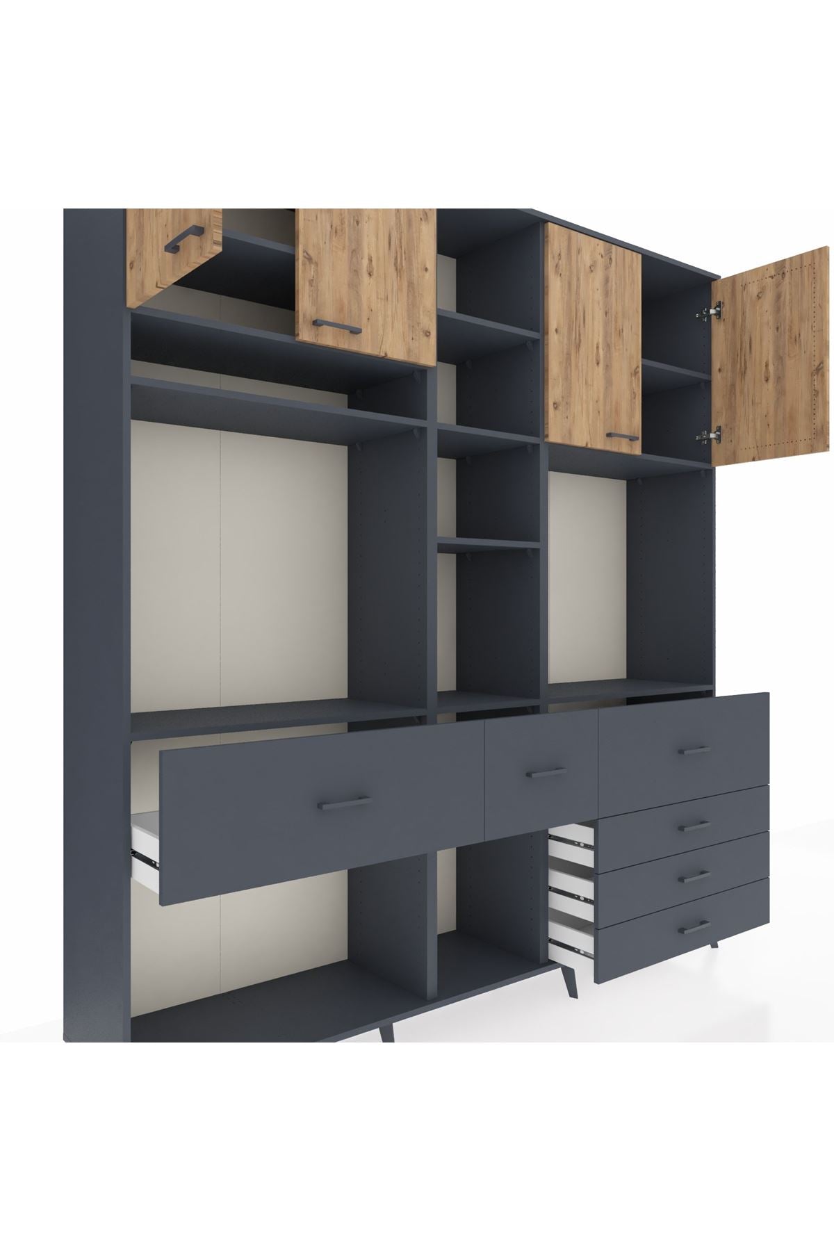 Hyperion Dolap 11 Raflı 6 Çekmeceli 4 Kapaklı 220x44x243 Antrasit-Çam/Antrasit