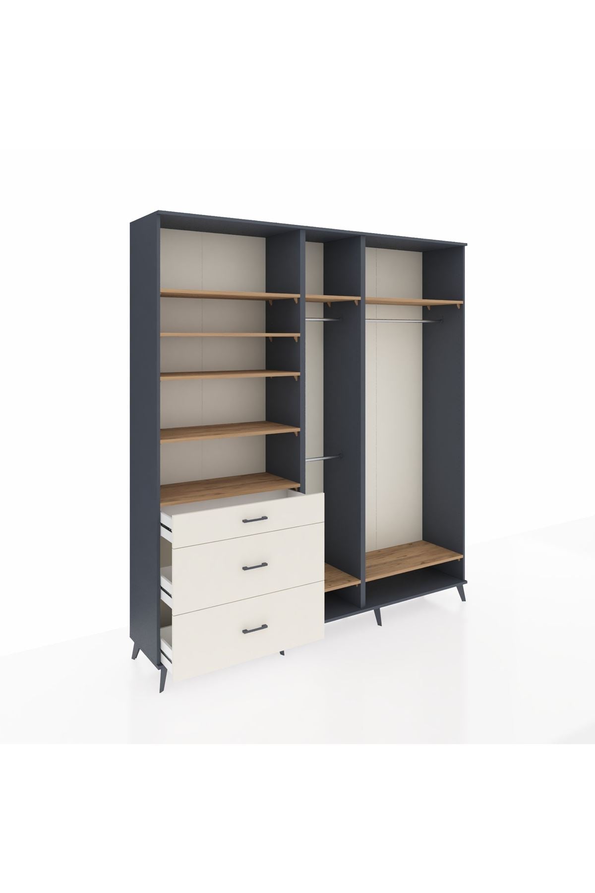 Hyperion Dolap 9 Raflı 3 Çekmeceli 3 Askılı 220x44x243 Antrasit-Çam/Aytaşı