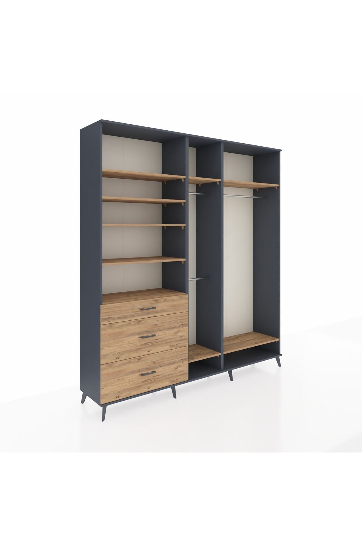 Hyperion Dolap 9 Raflı 3 Çekmeceli 3 Askılı 220x44x243 Antrasit-Çam/Çam