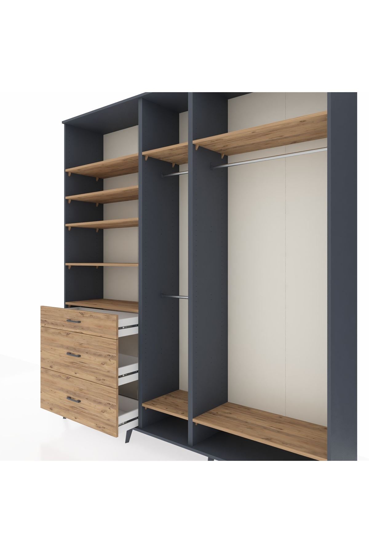 Hyperion Dolap 9 Raflı 3 Çekmeceli 3 Askılı 220x44x243 Antrasit-Çam/Çam