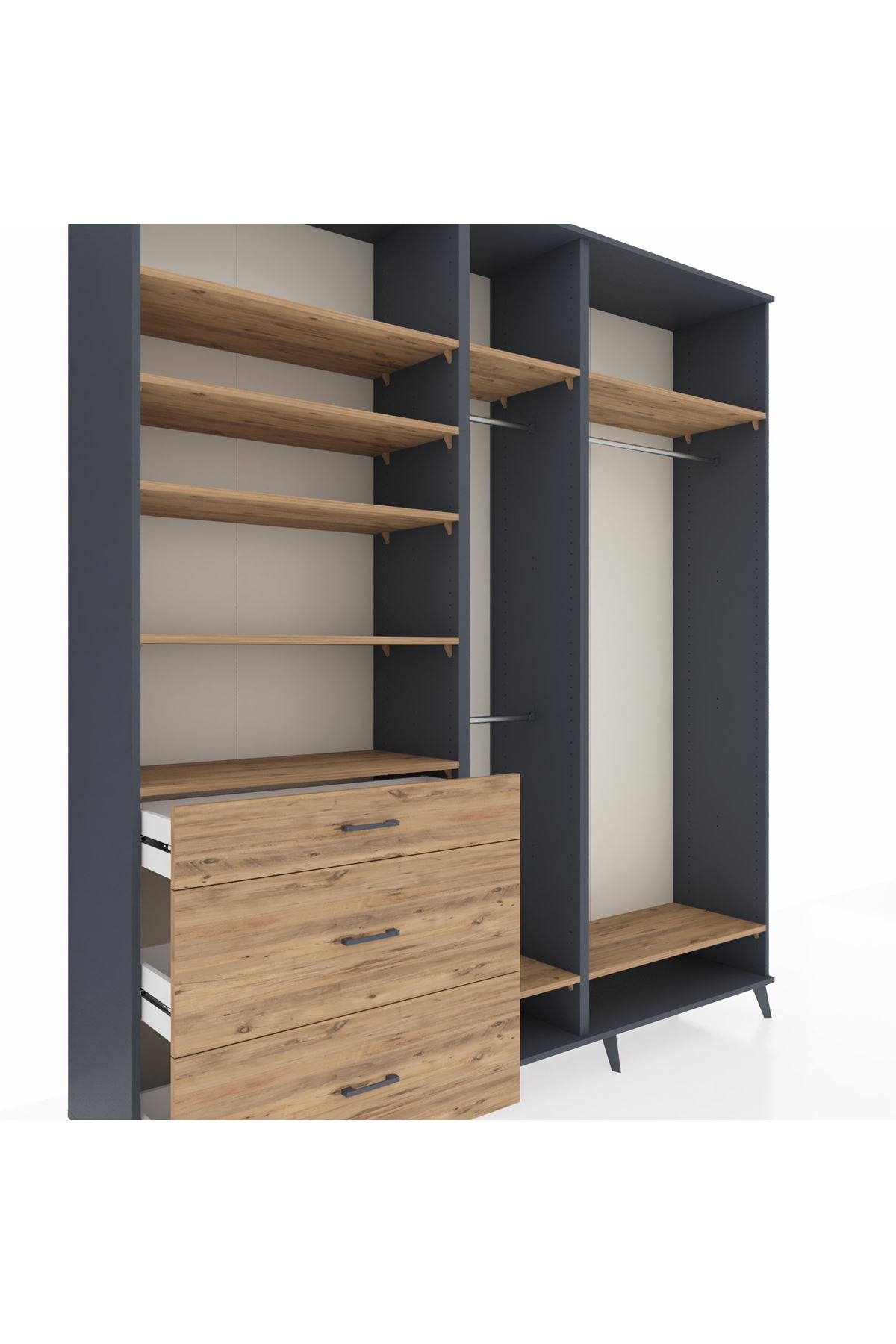 Hyperion Dolap 9 Raflı 3 Çekmeceli 3 Askılı 220x44x243 Antrasit-Çam/Çam