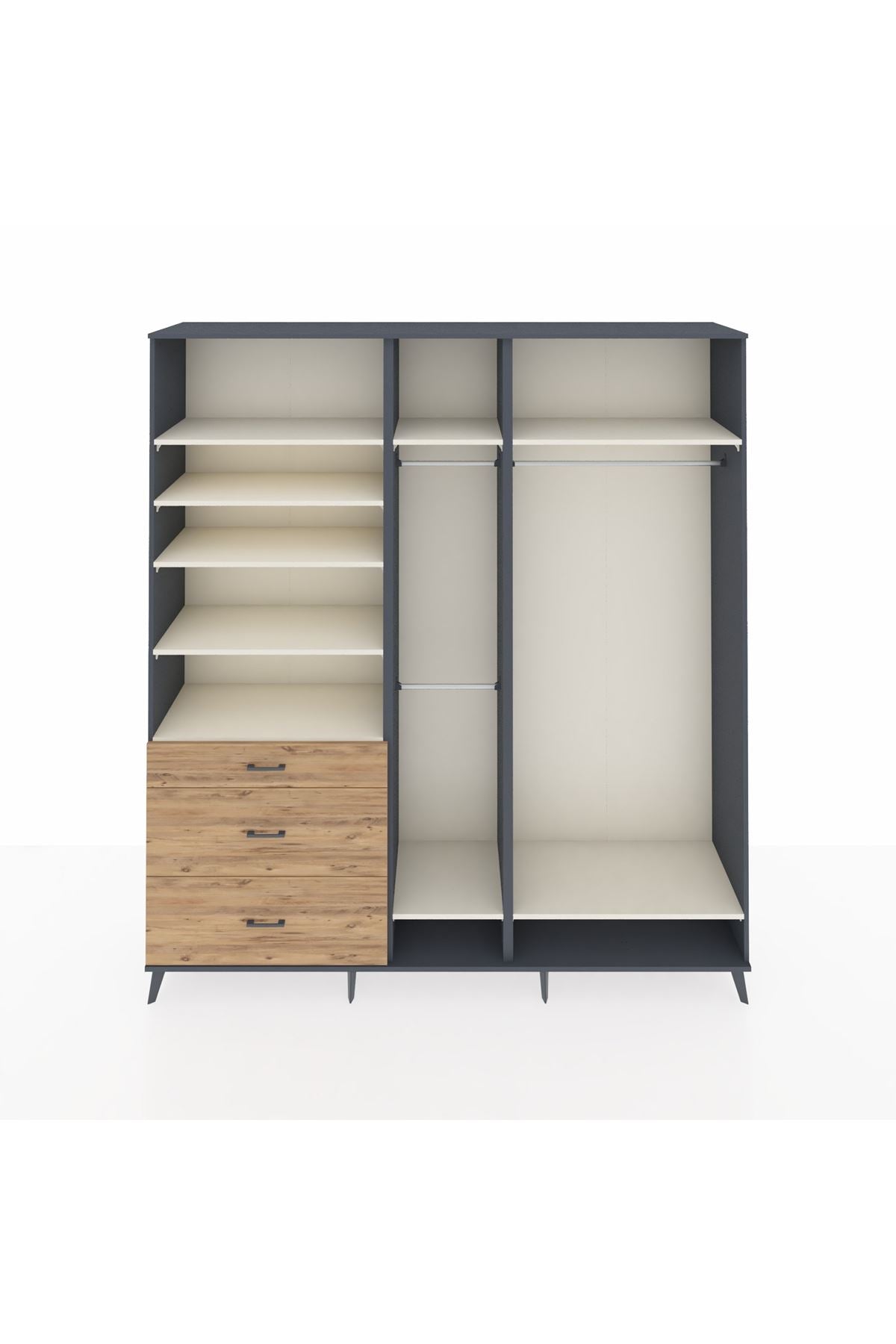 Hyperion Dolap 9 Raflı 3 Çekmeceli 3 Askılı 220x44x243 Antrasit-Aytaşı/Çam