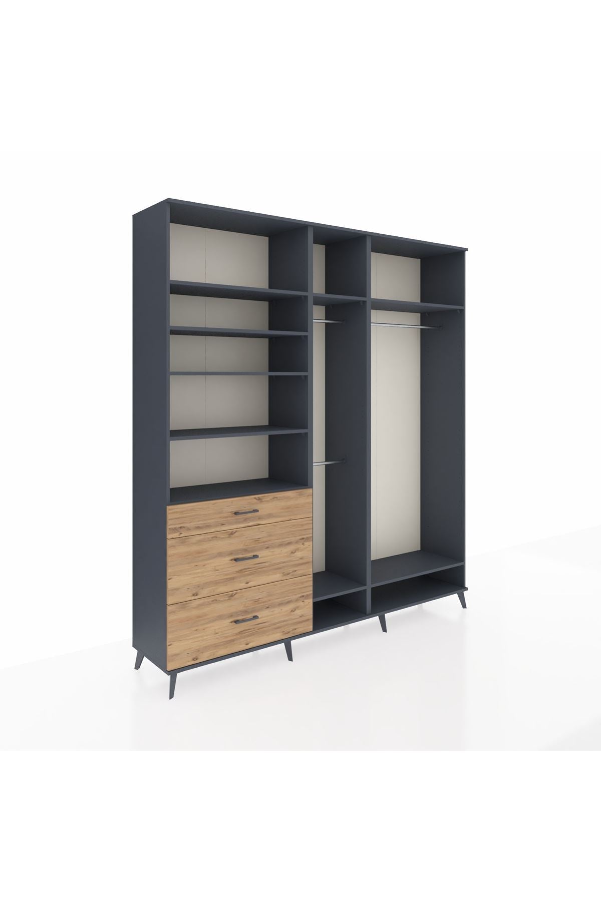 Hyperion Dolap 9 Raflı 3 Çekmeceli 3 Askılı 220x44x243 Antrasit-Antrasit/Çam