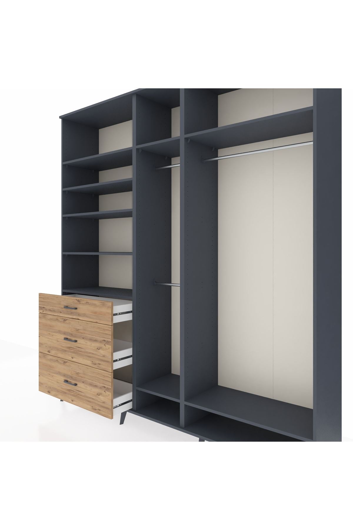 Hyperion Dolap 9 Raflı 3 Çekmeceli 3 Askılı 220x44x243 Antrasit-Antrasit/Çam