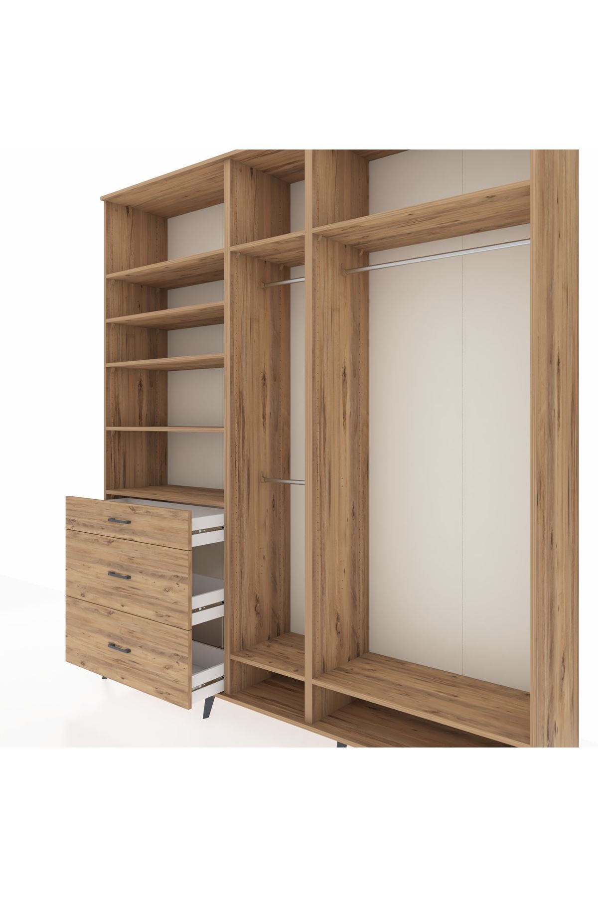 Hyperion Dolap 9 Raflı 3 Çekmeceli 3 Askılı 220x44x243 Çam-Çam/Çam