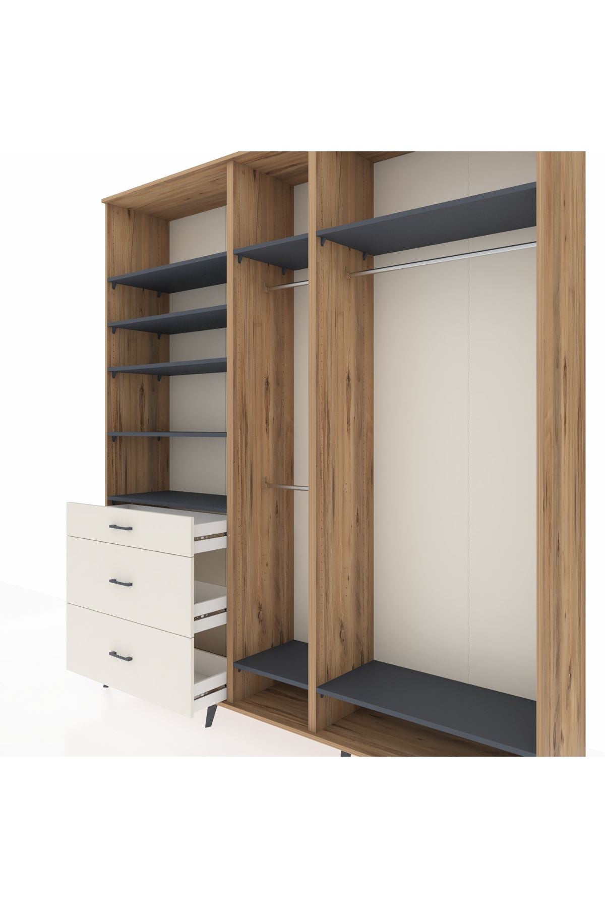 Hyperion Dolap 9 Raflı 3 Çekmeceli 3 Askılı 220x44x243 Çam-Antrasit/Aytaşı