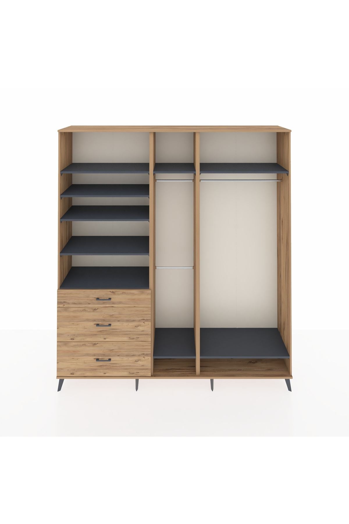 Hyperion Dolap 9 Raflı 3 Çekmeceli 3 Askılı 220x44x243 Çam-Antrasit/Çam