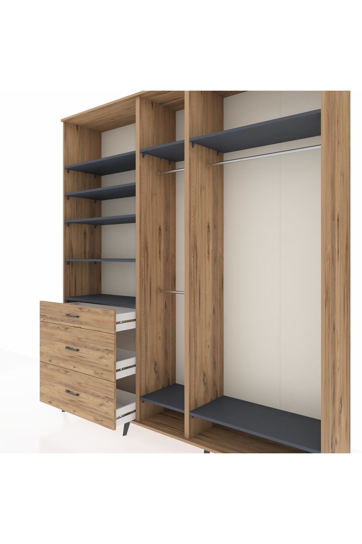 Hyperion Dolap 9 Raflı 3 Çekmeceli 3 Askılı 220x44x243 Çam-Antrasit/Çam