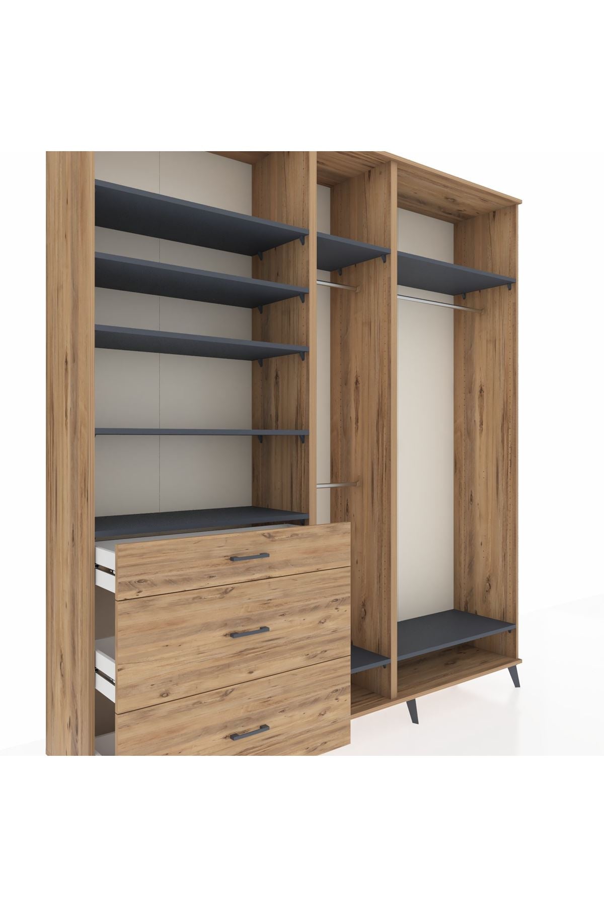 Hyperion Dolap 9 Raflı 3 Çekmeceli 3 Askılı 220x44x243 Çam-Antrasit/Çam