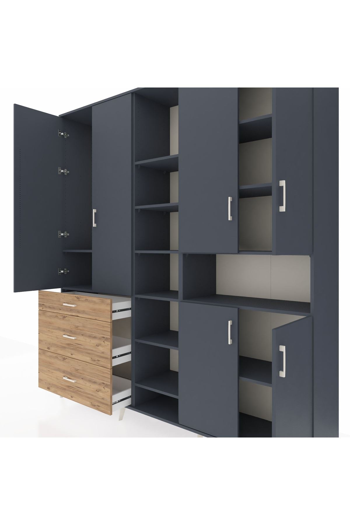 Hyperion Dolap 13 Raflı 3 Çekmeceli 6 Kapaklı 220x44x243 Antrasit-Antrasit/Çam