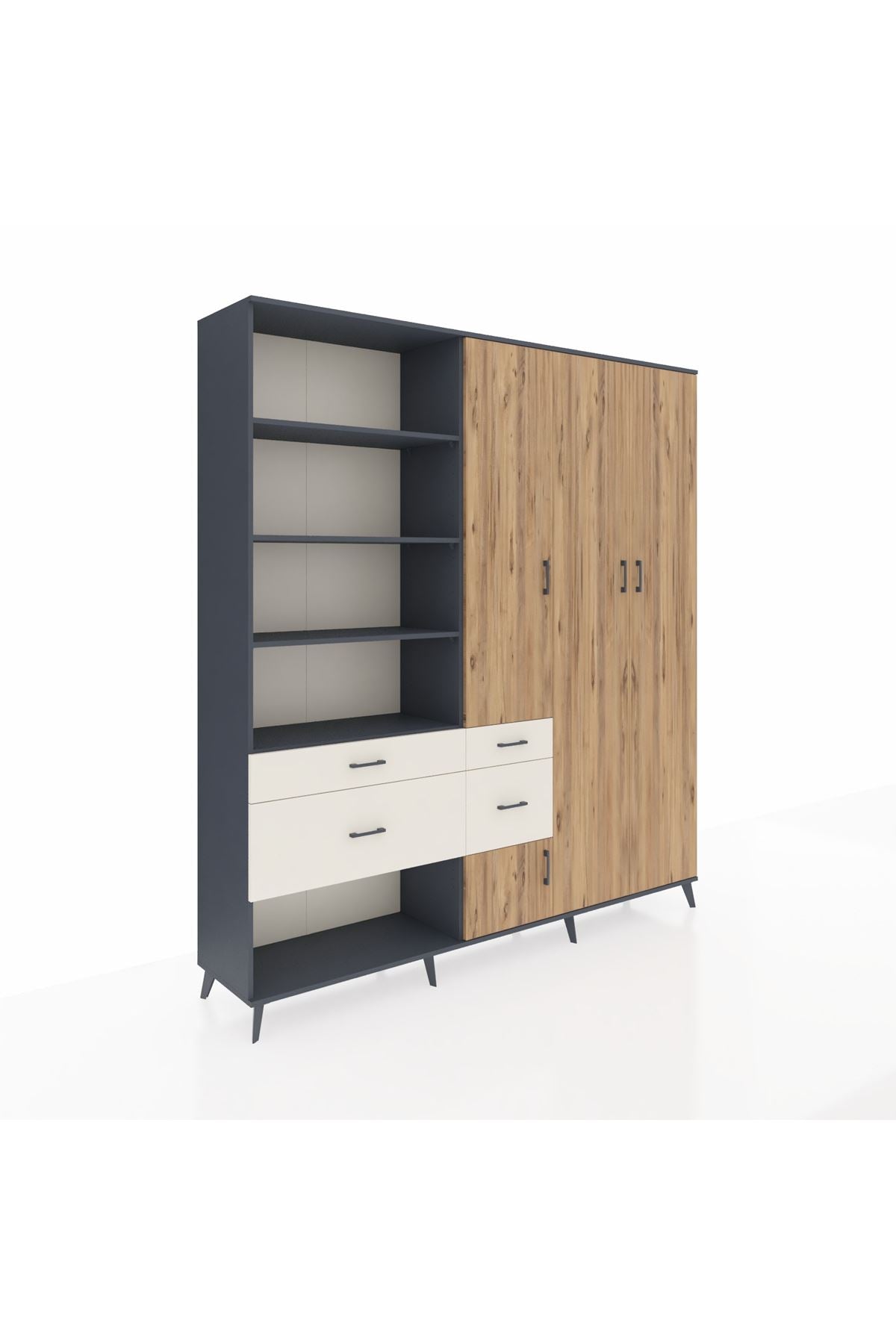 Hyperion Dolap 14 Raflı 4 Çekmeceli 4 Kapaklı 220x44x243 Antrasit-Çam/Aytaşı