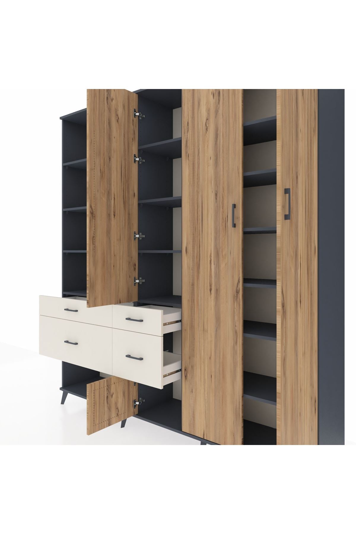 Hyperion Dolap 14 Raflı 4 Çekmeceli 4 Kapaklı 220x44x243 Antrasit-Çam/Aytaşı