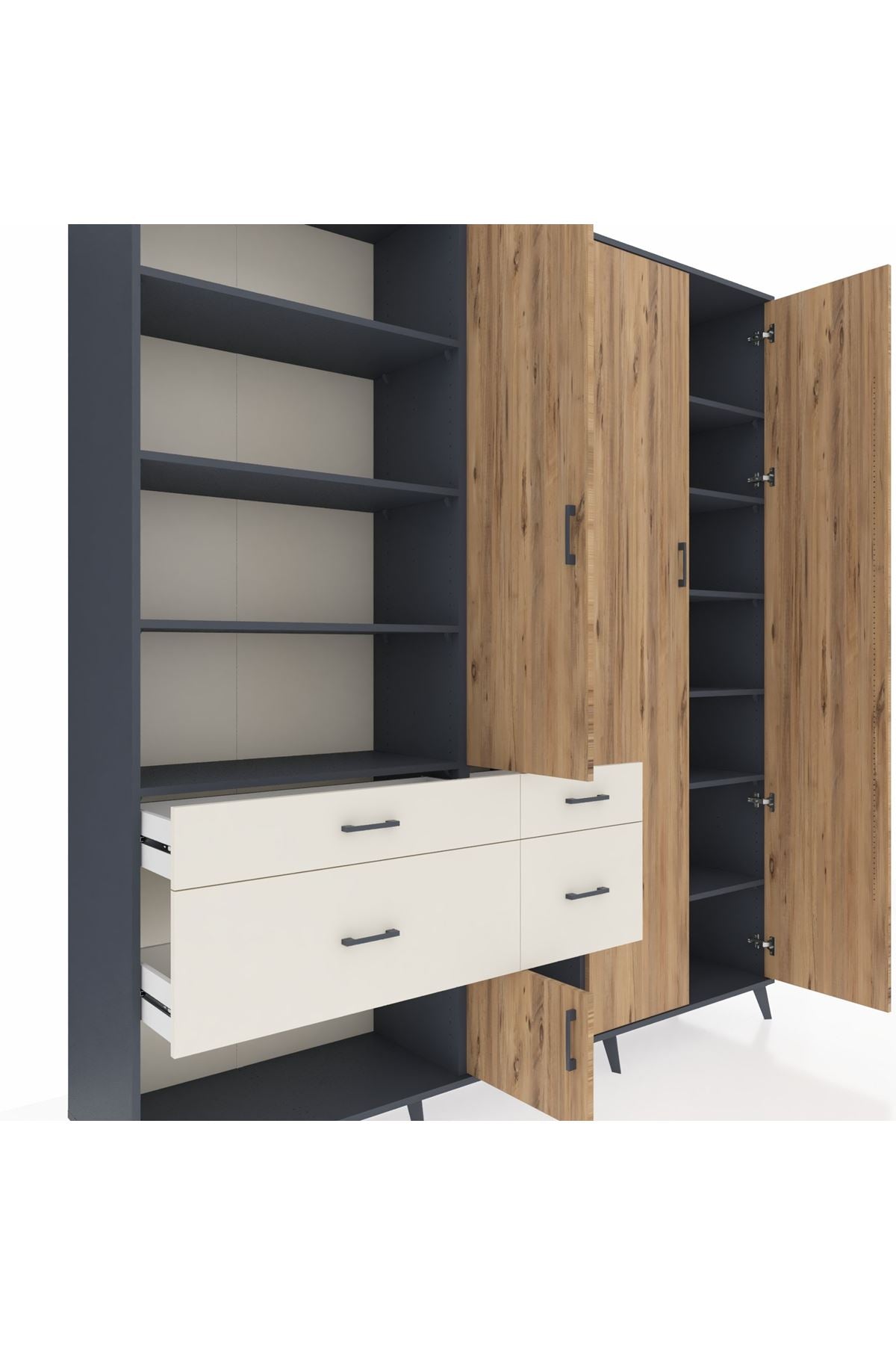 Hyperion Dolap 14 Raflı 4 Çekmeceli 4 Kapaklı 220x44x243 Antrasit-Çam/Aytaşı