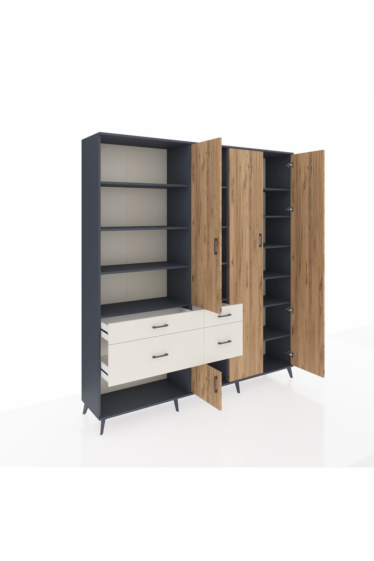 Hyperion Dolap 14 Raflı 4 Çekmeceli 4 Kapaklı 220x44x243 Antrasit-Çam/Aytaşı