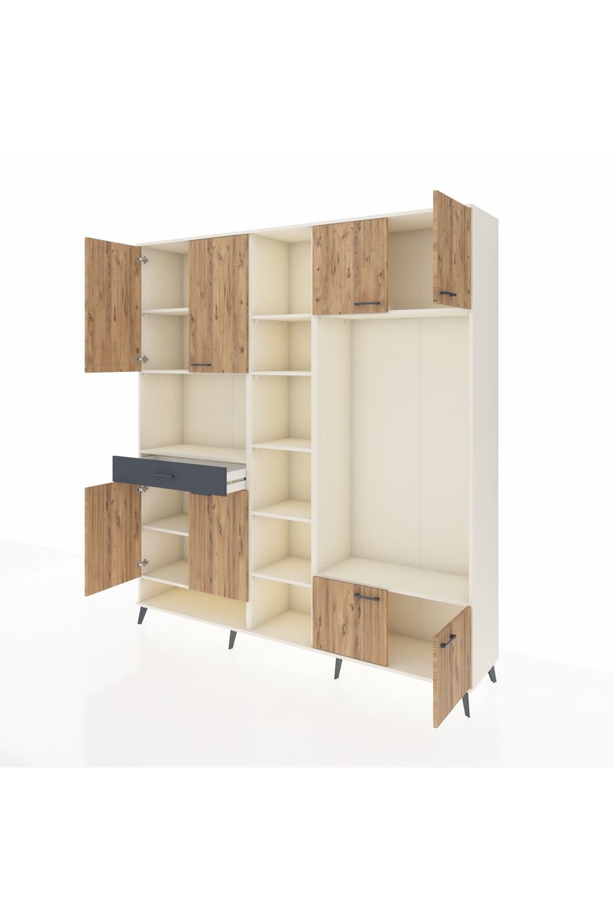 Hyperion Dolap 12 Raflı Tek Çekmeceli 8 Kapaklı 220x44x243 Aytaşı-Çam/Antrasit