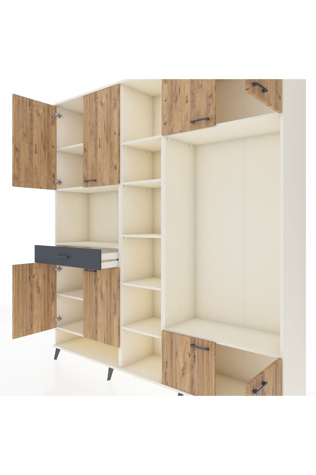 Hyperion Dolap 12 Raflı Tek Çekmeceli 8 Kapaklı 220x44x243 Aytaşı-Çam/Antrasit