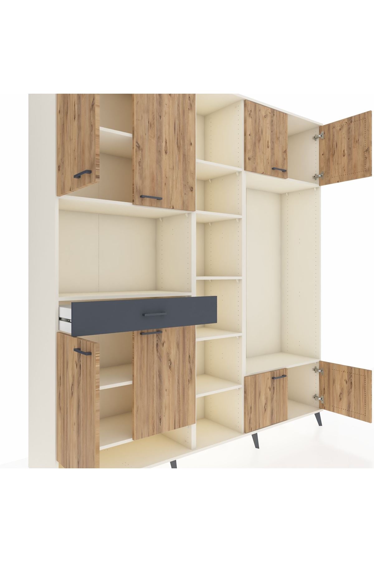 Hyperion Dolap 12 Raflı Tek Çekmeceli 8 Kapaklı 220x44x243 Aytaşı-Çam/Antrasit