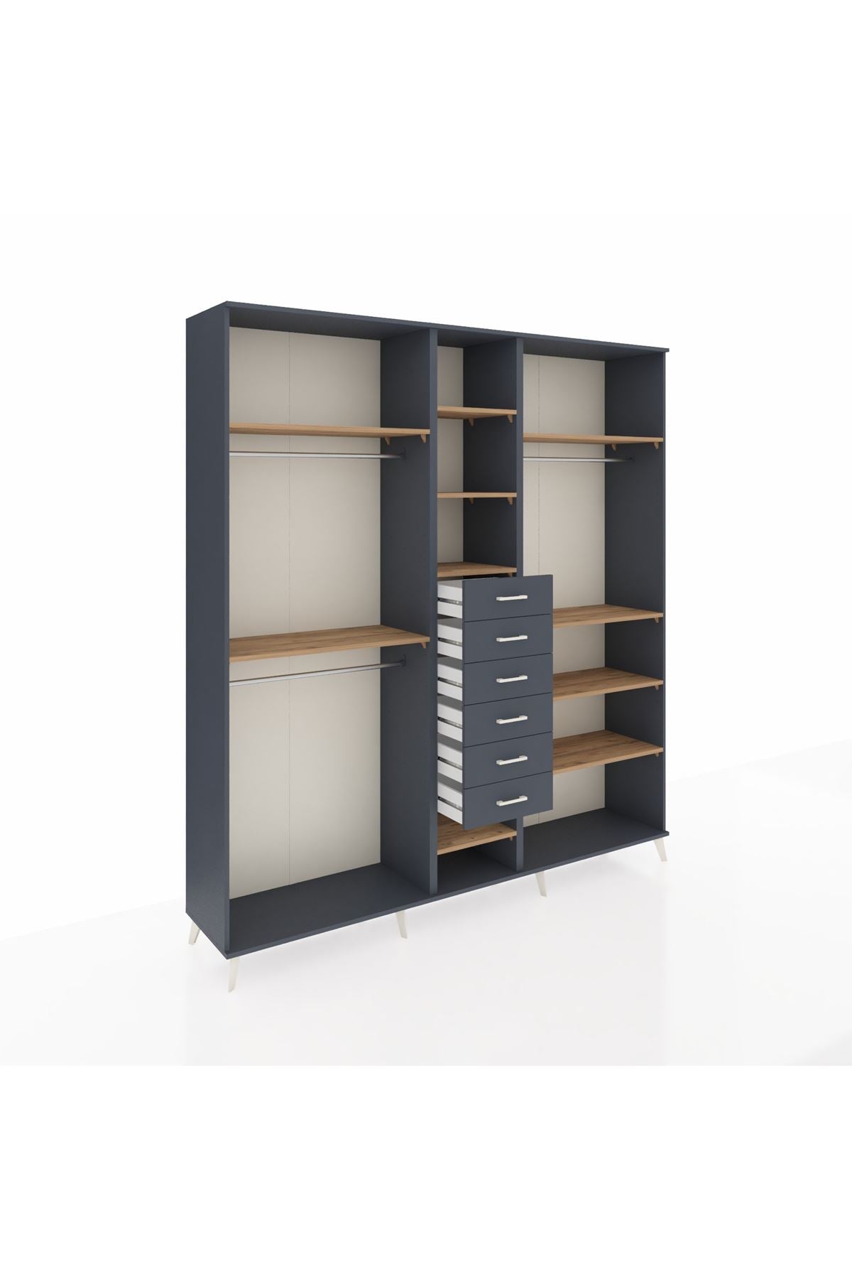 Hyperion Dolap 10 Raflı 6 Çekmeceli 3 Askılı 220x44x243 Antrasit-Çam/Antrasit