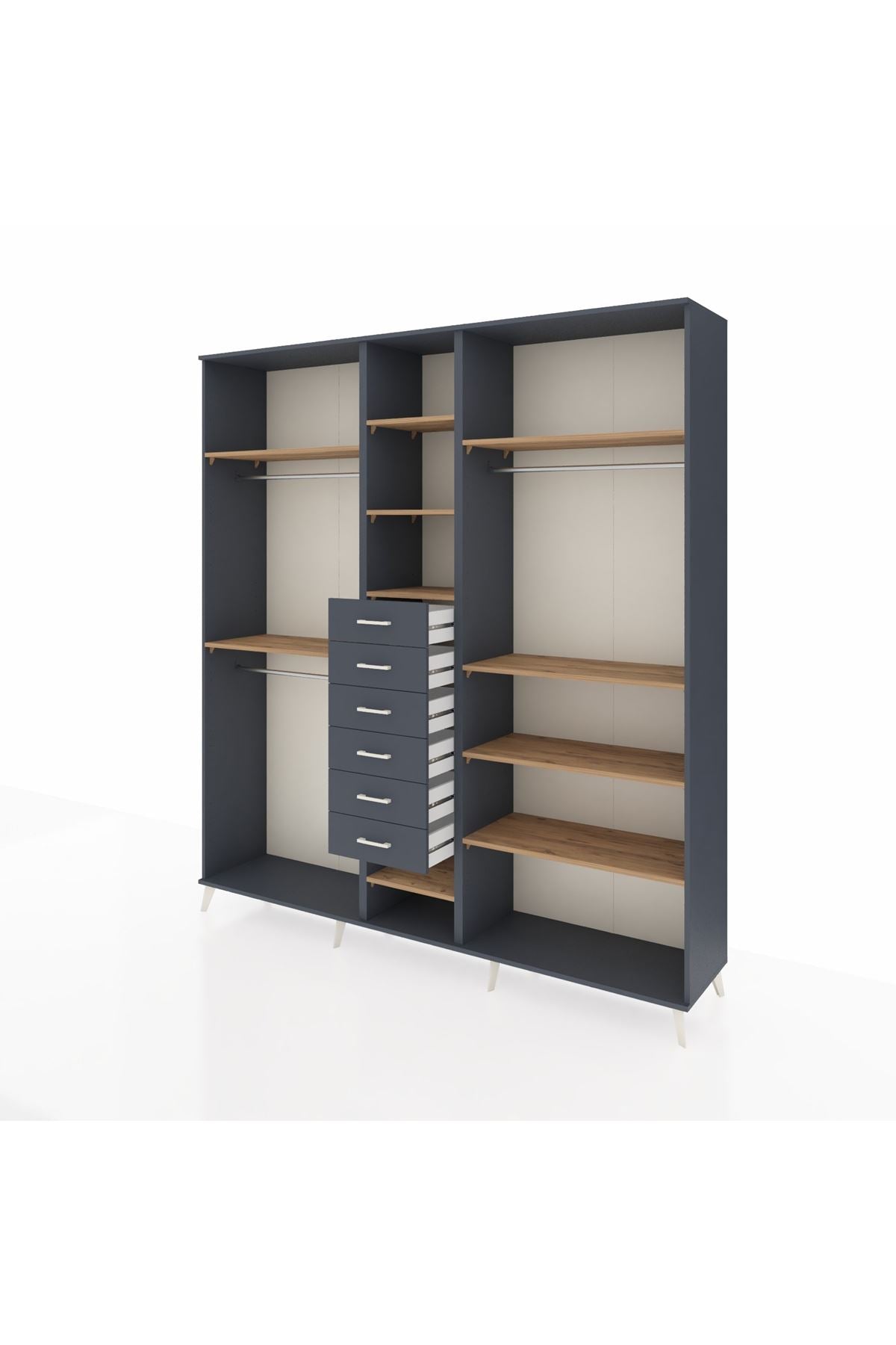 Hyperion Dolap 10 Raflı 6 Çekmeceli 3 Askılı 220x44x243 Antrasit-Çam/Antrasit