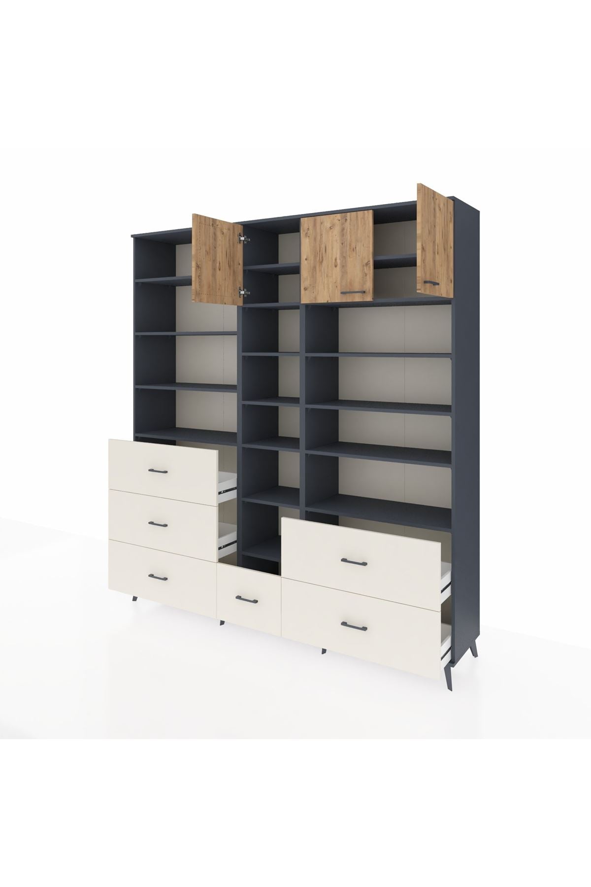 Hyperion Dolap 17 Raflı 6 Çekmeceli 3 Kapaklı 220x44x243 Antrasit-Çam/Aytaşı