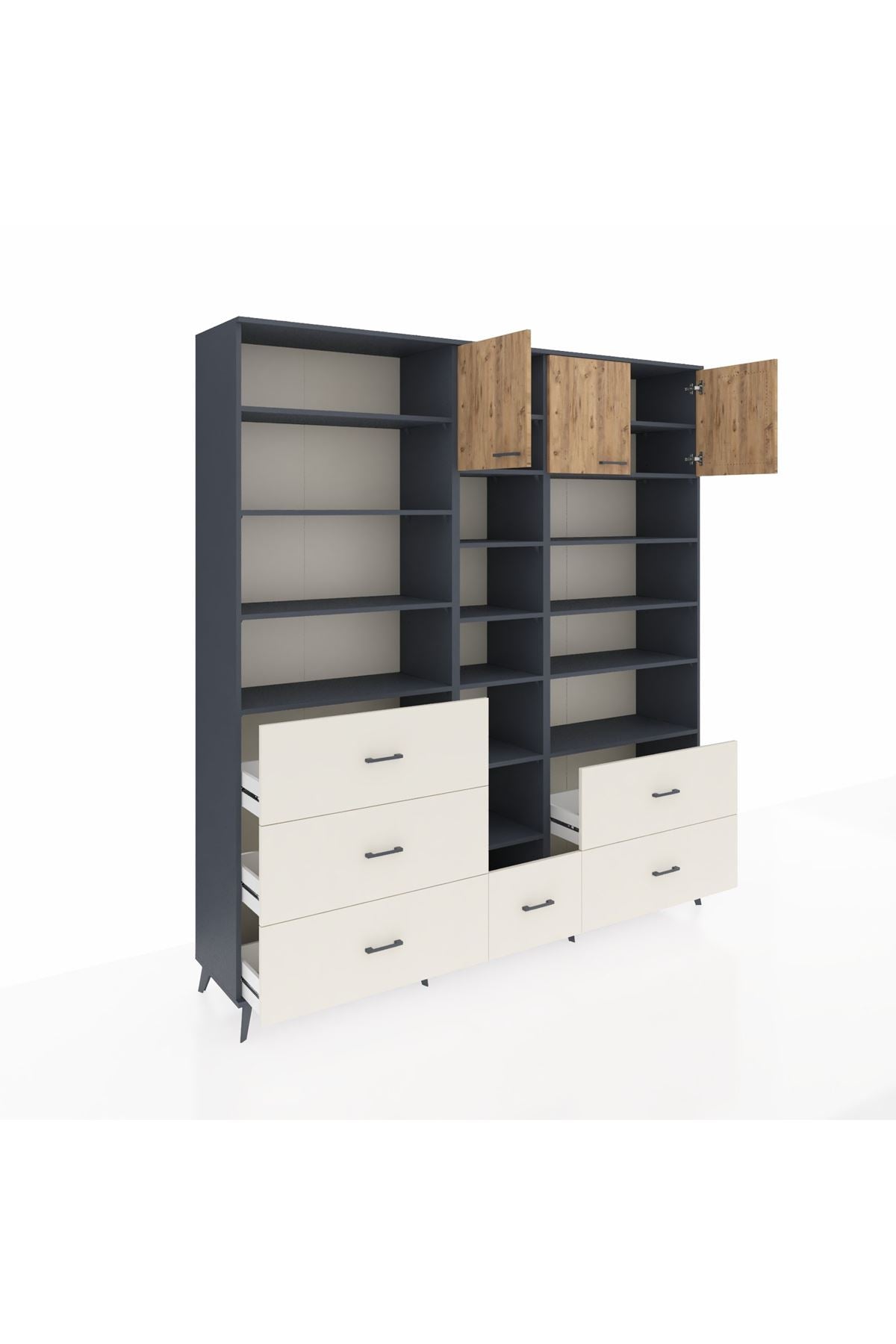 Hyperion Dolap 17 Raflı 6 Çekmeceli 3 Kapaklı 220x44x243 Antrasit-Çam/Aytaşı