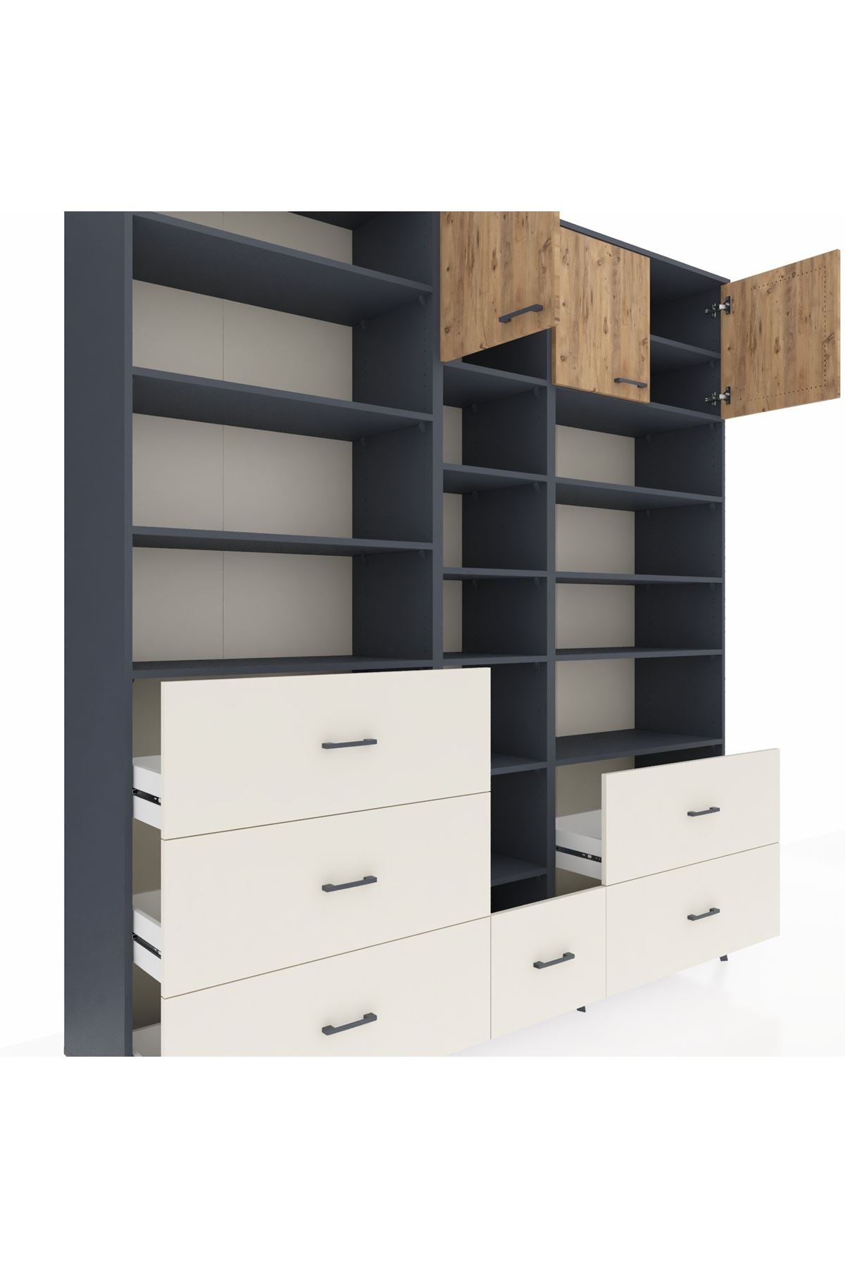 Hyperion Dolap 17 Raflı 6 Çekmeceli 3 Kapaklı 220x44x243 Antrasit-Çam/Aytaşı