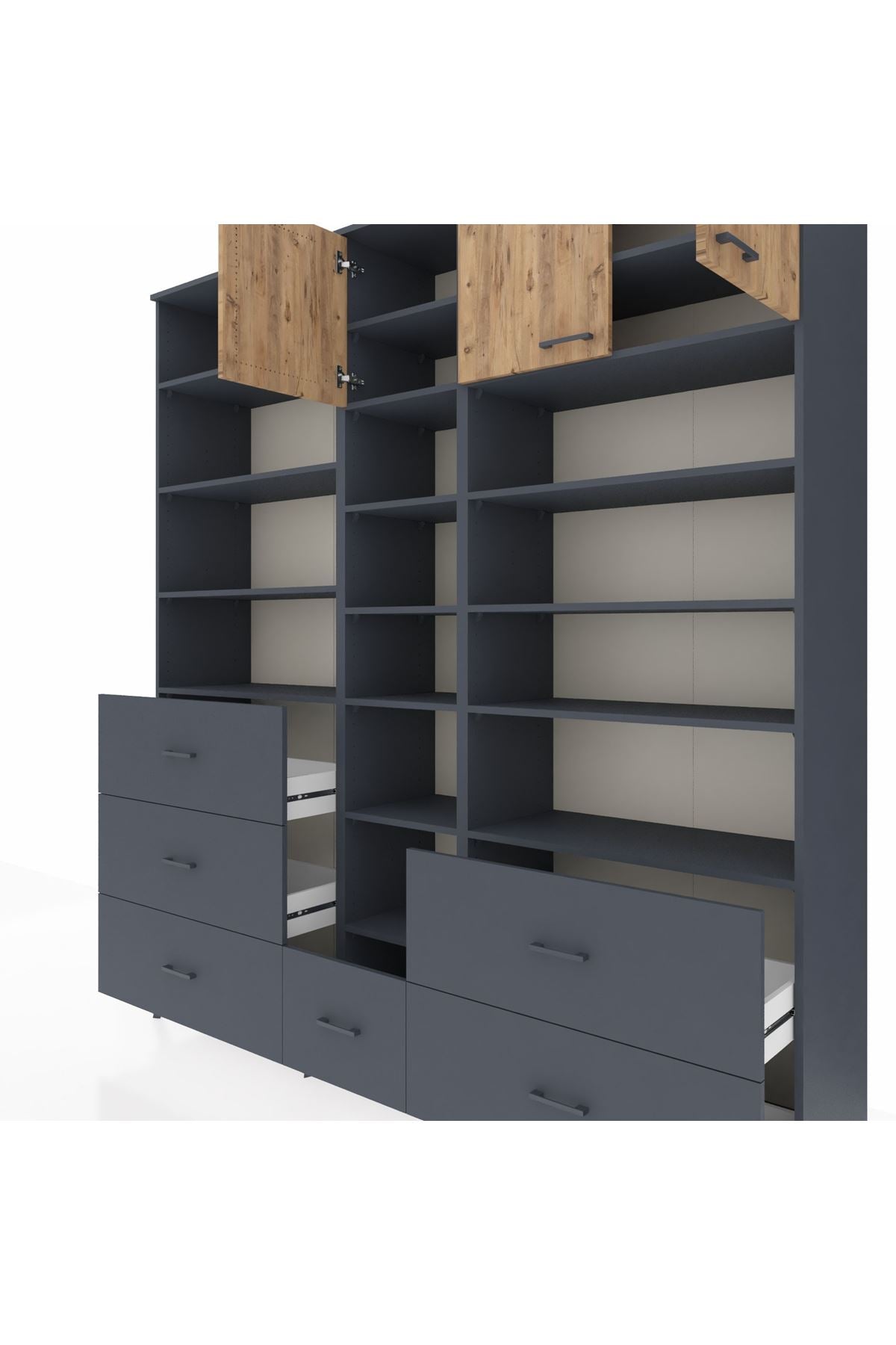 Hyperion Dolap 17 Raflı 6 Çekmeceli 3 Kapaklı 220x44x243 Antrasit-Çam/Antrasit