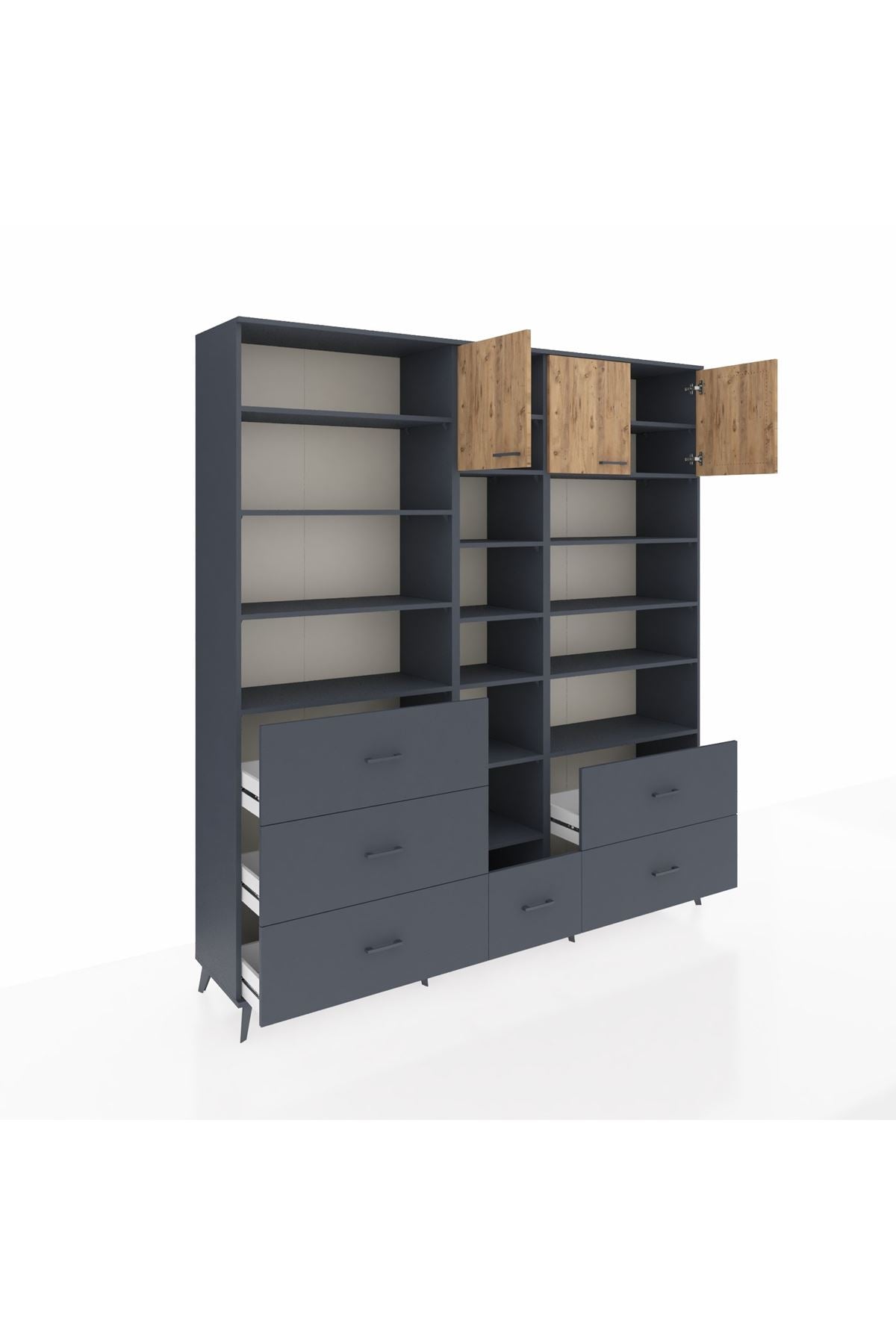 Hyperion Dolap 17 Raflı 6 Çekmeceli 3 Kapaklı 220x44x243 Antrasit-Çam/Antrasit