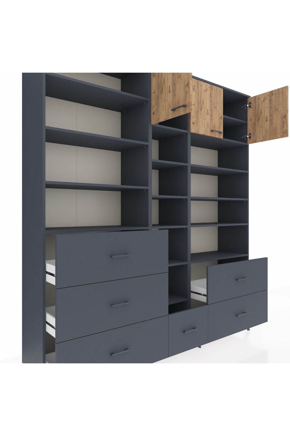 Hyperion Dolap 17 Raflı 6 Çekmeceli 3 Kapaklı 220x44x243 Antrasit-Çam/Antrasit