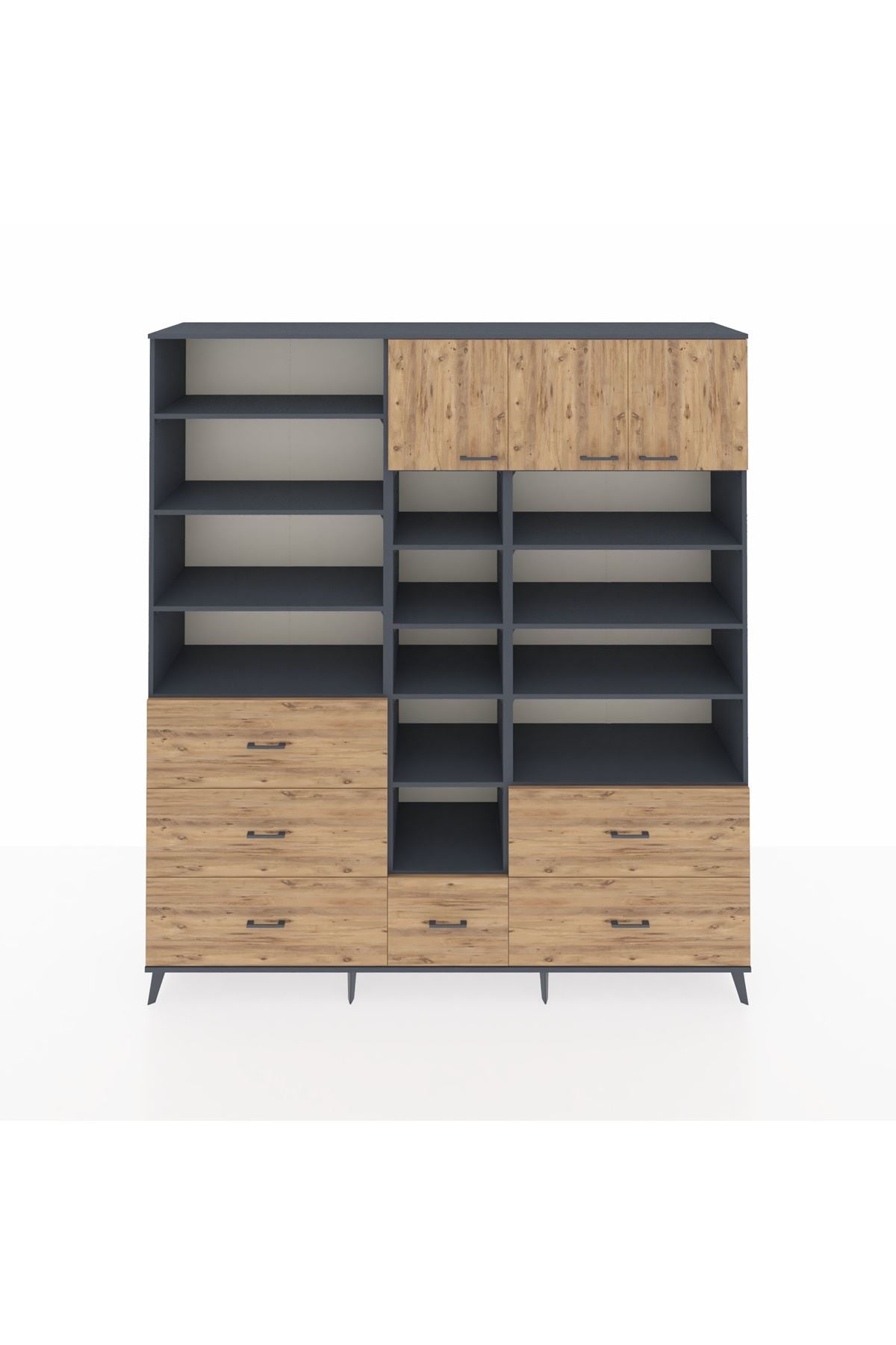 Hyperion Dolap 17 Raflı 6 Çekmeceli 3 Kapaklı 220x44x243 Antrasit-Çam/Çam