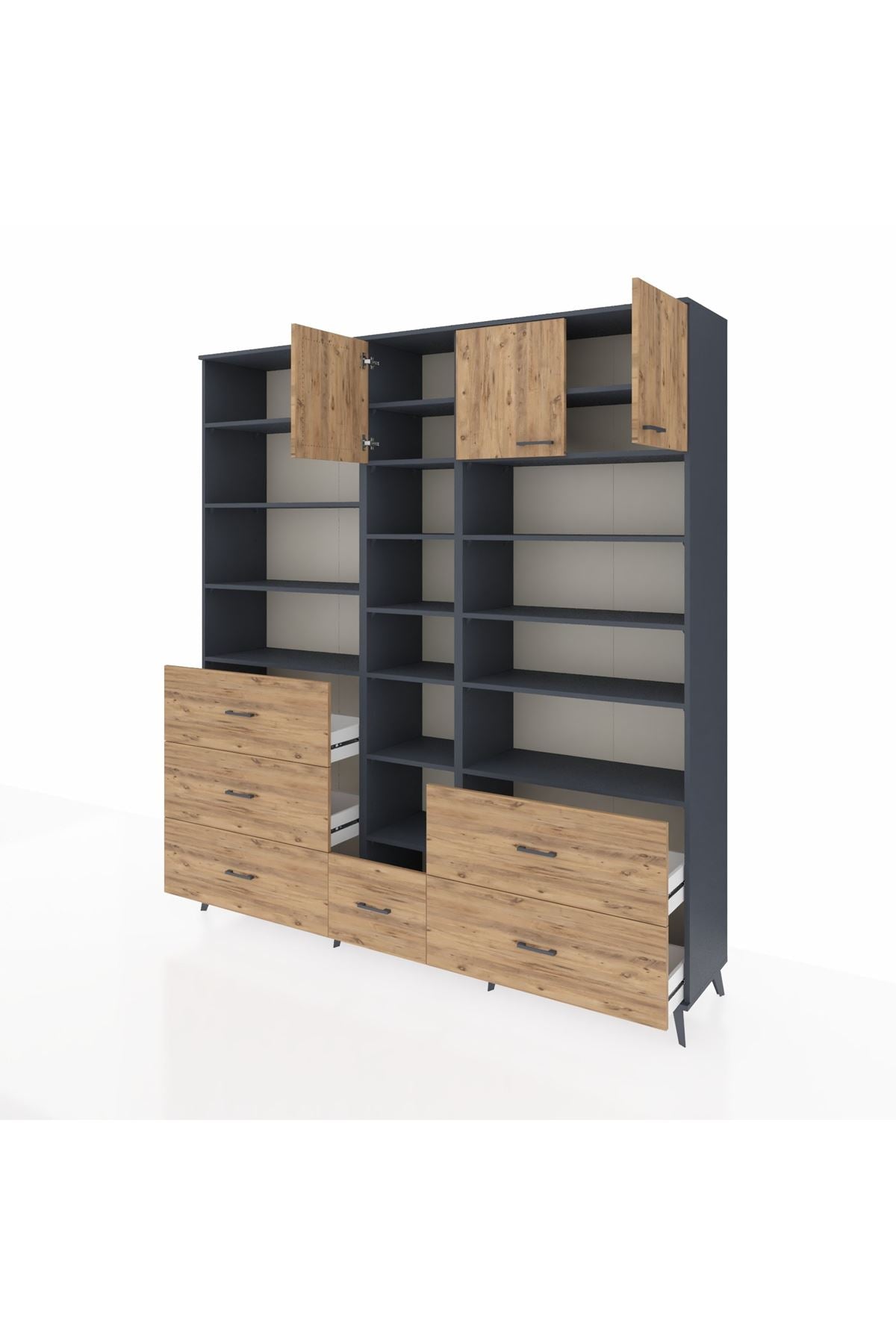 Hyperion Dolap 17 Raflı 6 Çekmeceli 3 Kapaklı 220x44x243 Antrasit-Çam/Çam