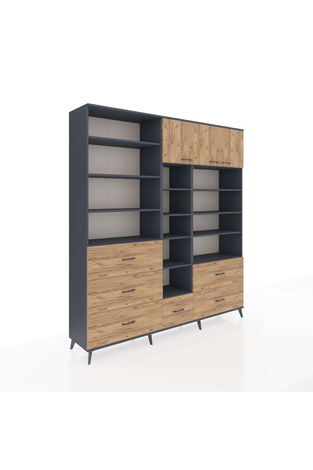 Hyperion Dolap 17 Raflı 6 Çekmeceli 3 Kapaklı 220x44x243 Antrasit-Çam/Çam