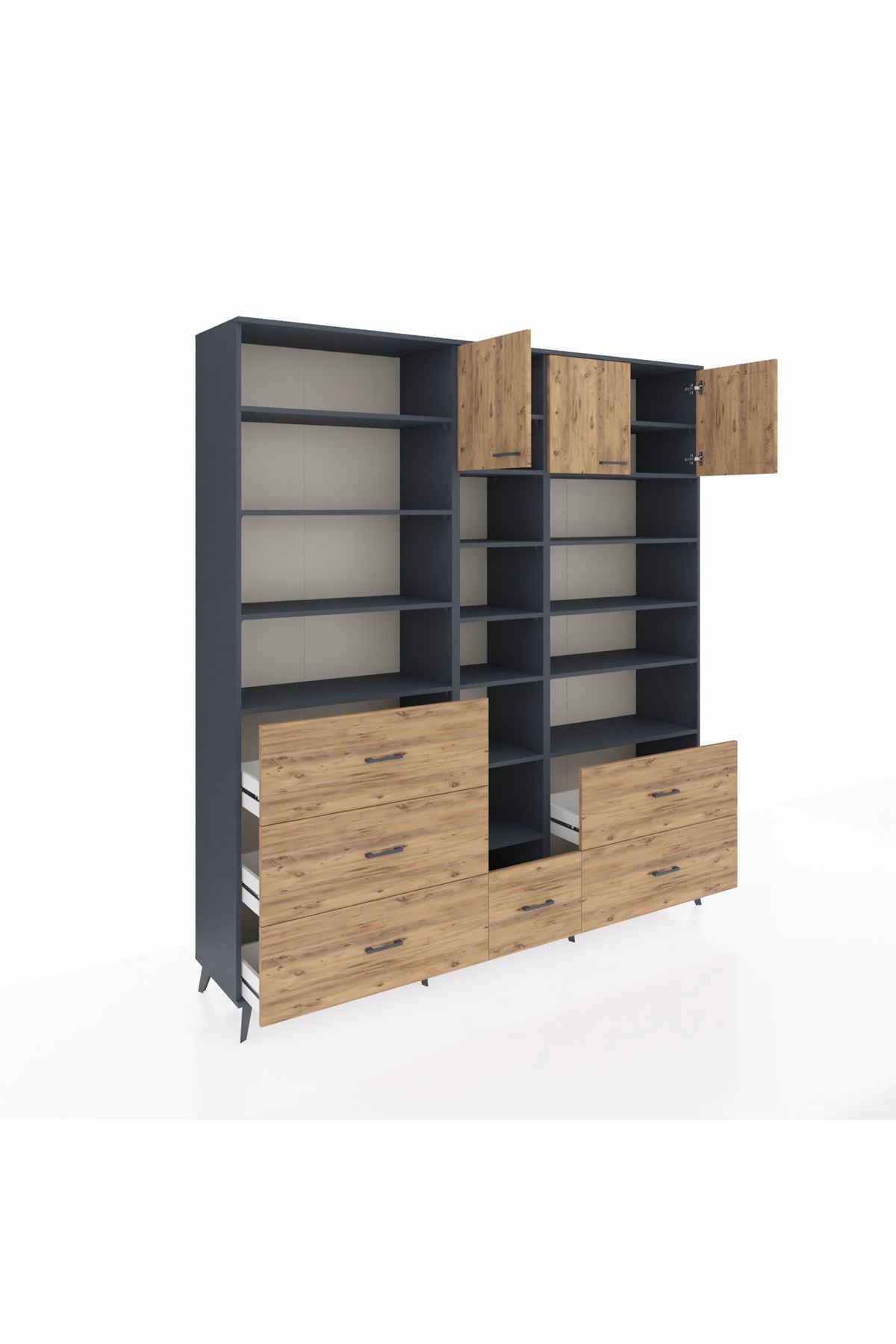 Hyperion Dolap 17 Raflı 6 Çekmeceli 3 Kapaklı 220x44x243 Antrasit-Çam/Çam