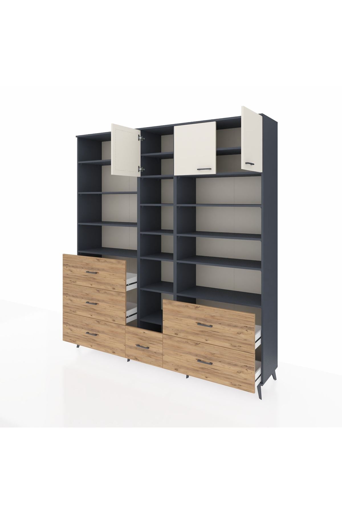 Hyperion Dolap 17 Raflı 6 Çekmeceli 3 Kapaklı 220x44x243 Antrasit-Aytaşı/Çam