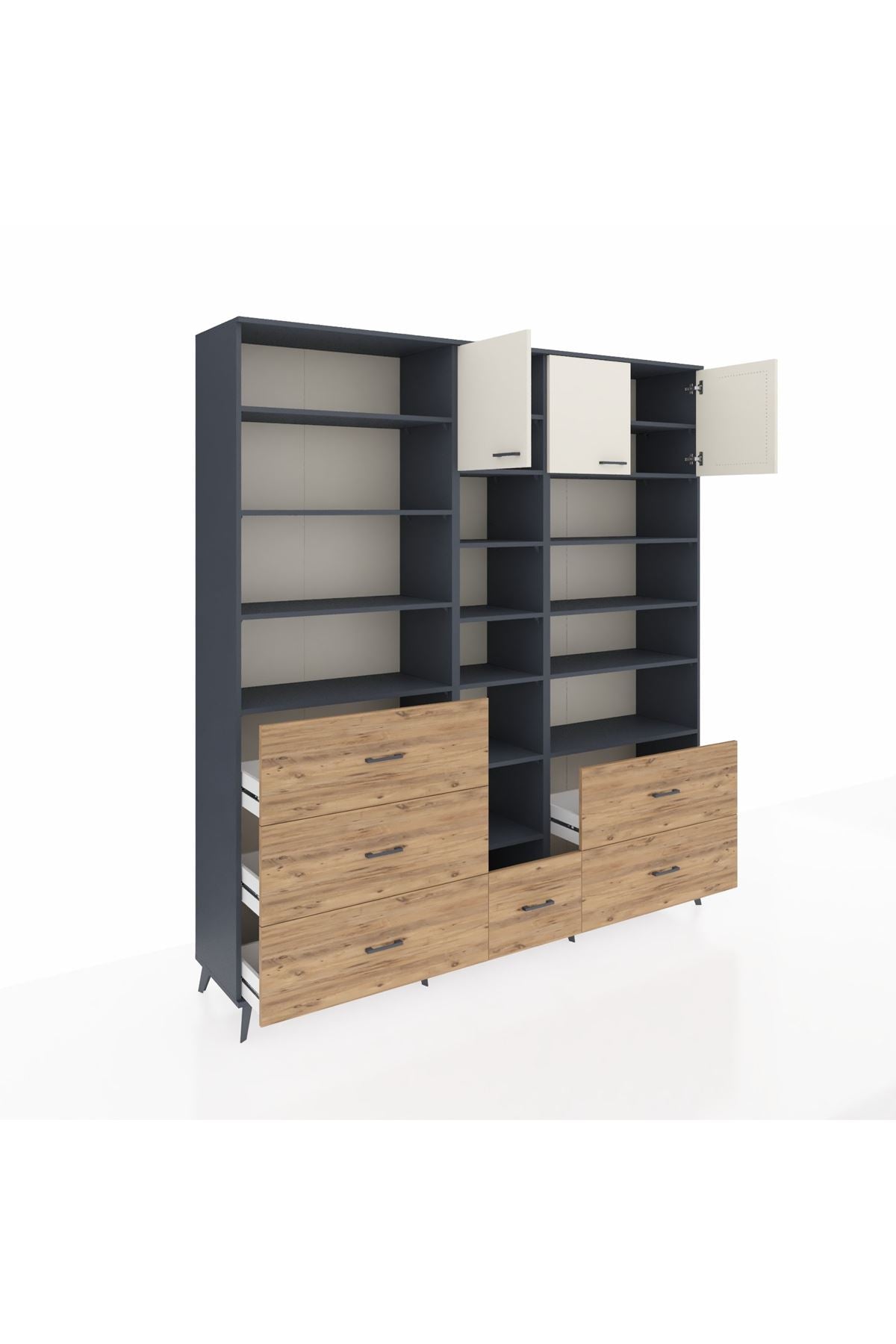 Hyperion Dolap 17 Raflı 6 Çekmeceli 3 Kapaklı 220x44x243 Antrasit-Aytaşı/Çam