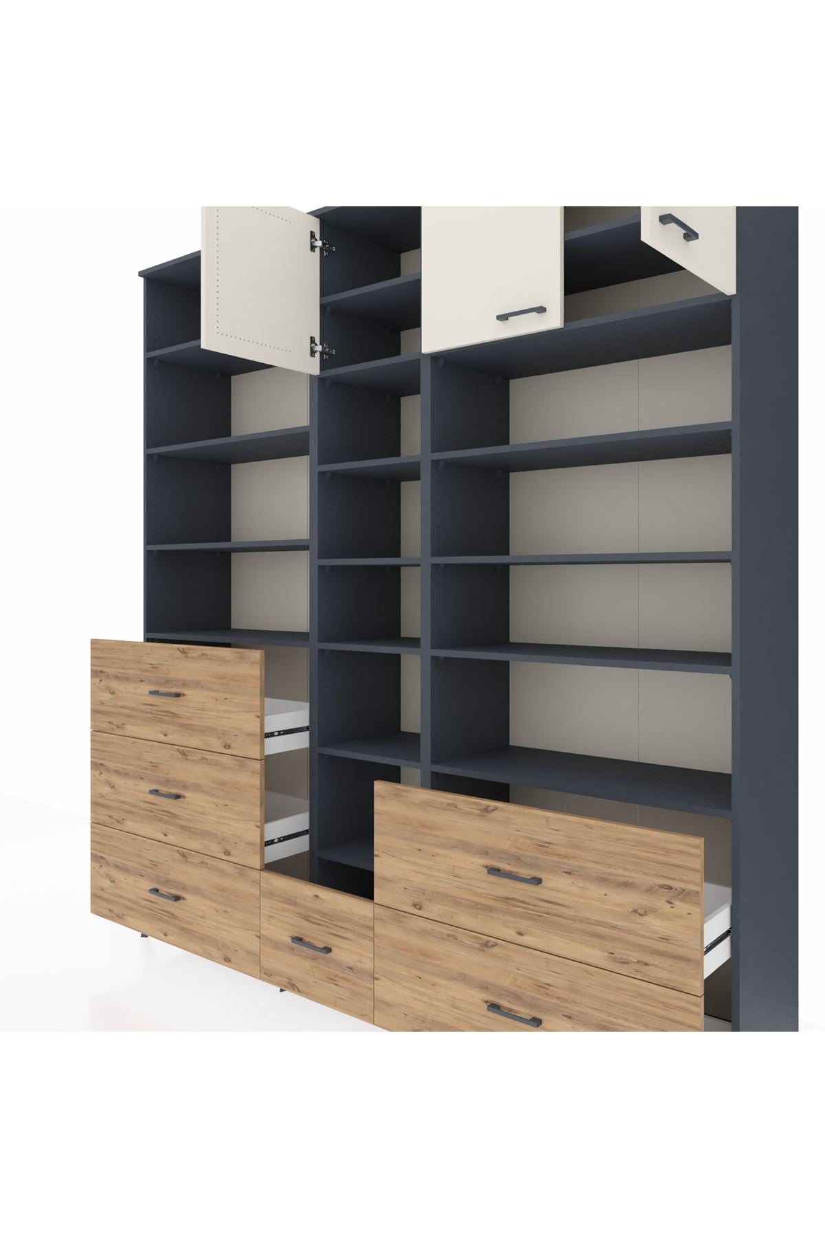 Hyperion Dolap 17 Raflı 6 Çekmeceli 3 Kapaklı 220x44x243 Antrasit-Aytaşı/Çam